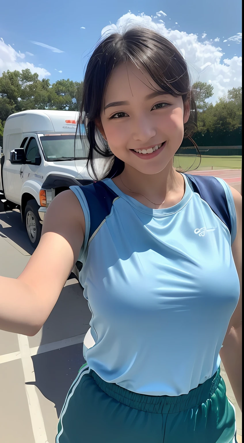 One woman and one short boy, a woman in a shiny truck costume is grabbed by the boy next to her with both hands (beautiful college girl in truck costume, best quality, high definition, 8k, 1 girl, outside the athletics stadium, 1 girl, shiny track costume (satin track costume: 1.4, light blue: 1.5) (black hair, big: 1.4), (upper body: 1.2), looking at the viewer, smiles), outdoors, a boy grabs the breasts of a woman in truck costume with both hands (T-shirt, shorts, grabbing a woman's breasts with both hands)