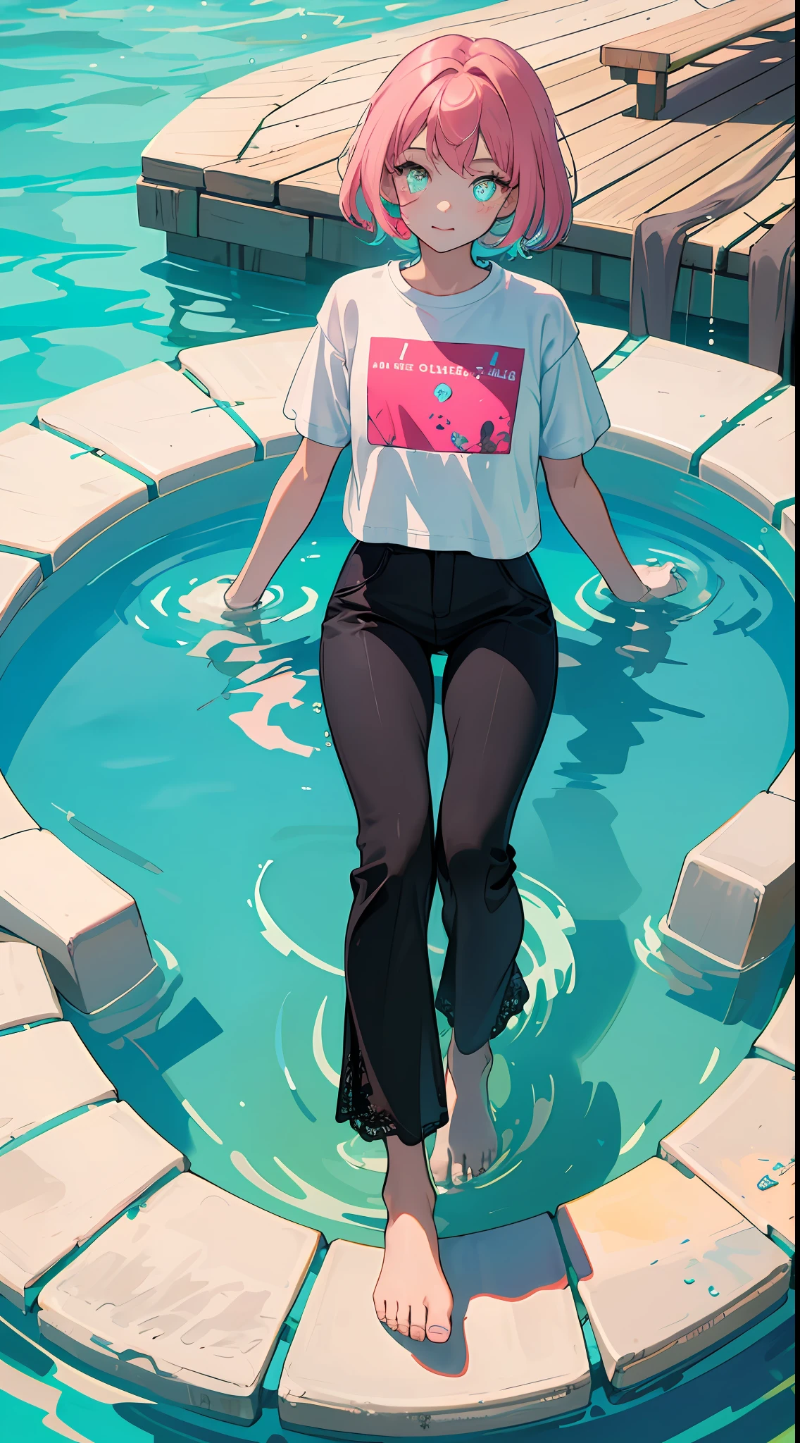 8K,best qulity,The Masterpiece,1 cute little girl ,10 years old, Black pupils,pink tinted hair,Natural volumes,shorter hair,T-shirt and pants, Lovely lace edges,Children's figure,Thin ankles,Barefoot,Turquoise pool background,Cute swimming ring,Welcoming summer atmosphere,relaxed,colourful,Normal hands,Delicate fingers