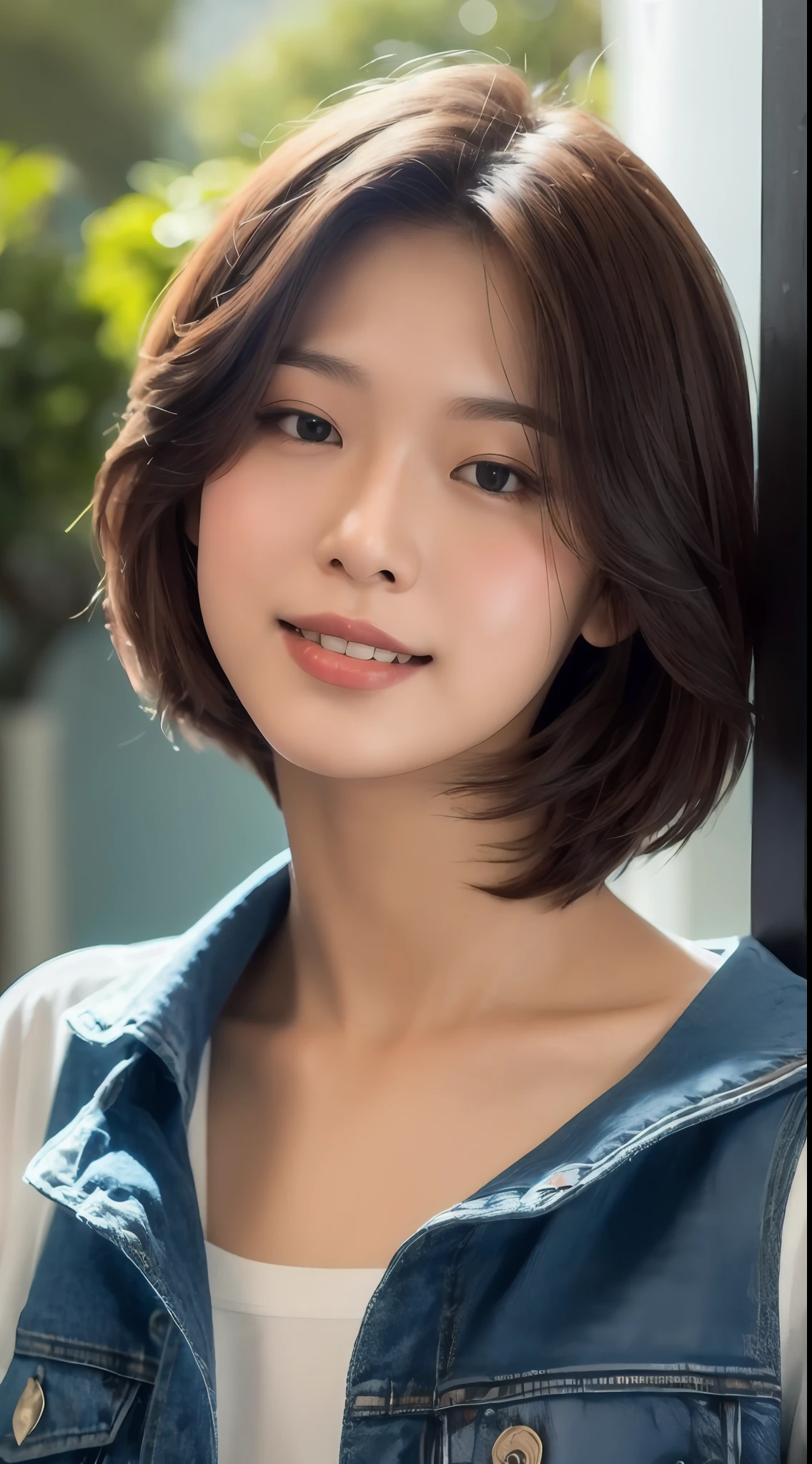 1 girl, , light smile, short hair, mullet cut, covering ears, camisole, jean pants, upperbody, ,BREAK,(best quality, masterpiece:1.2),shoot the (high detailed skin:1.2), 8k uhd, dslr, low key, high quality, film grain, Fujifilm XT3, lighting glow effect, no retouching,raw photo-realistic, skin texture is very detail, no makeup,