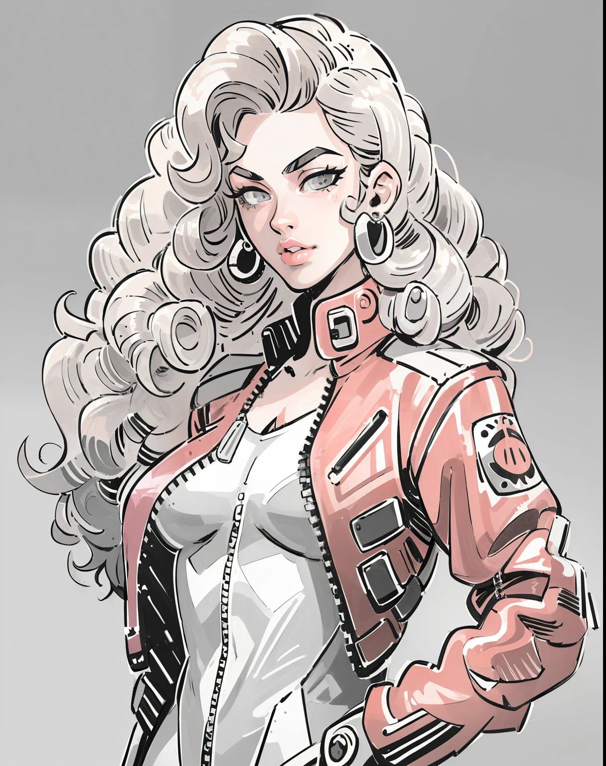 (masterpiece:1.5), (best quality:1.5),inksketch, 1girl, solo, pink gloves, gloves, blonde hair, lips, long hair, upper body, gradient background, small breasts, bodysuit, thick eyebrows, breasts, gradient, wavy hair, jacket, earrings, jewelry, grey eyes, nose, zipper, curly hair,none color