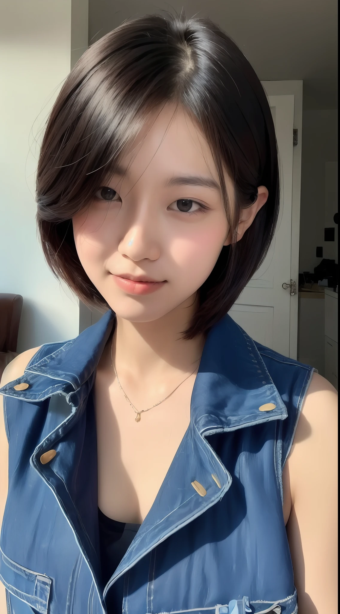 1 girl, , light smile, short hair, mullet cut, covering ears, camisole, jean pants, upperbody, ,BREAK,(best quality, masterpiece:1.2),shoot the (high detailed skin:1.2), 8k uhd, dslr, low key, high quality, film grain, Fujifilm XT3, lighting glow effect, no retouching,raw photo-realistic, skin texture is very detail, no makeup,