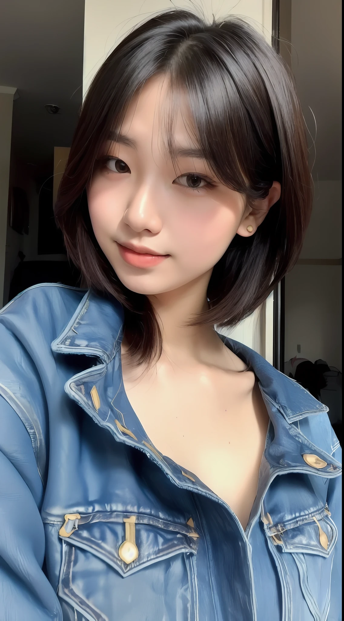 1 girl, , light smile, short hair, mullet cut, covering ears, camisole, jean pants, upperbody, ,BREAK,(best quality, masterpiece:1.2),shoot the (high detailed skin:1.2), 8k uhd, dslr, low key, high quality, film grain, Fujifilm XT3, lighting glow effect, no retouching,raw photo-realistic, skin texture is very detail, no makeup,