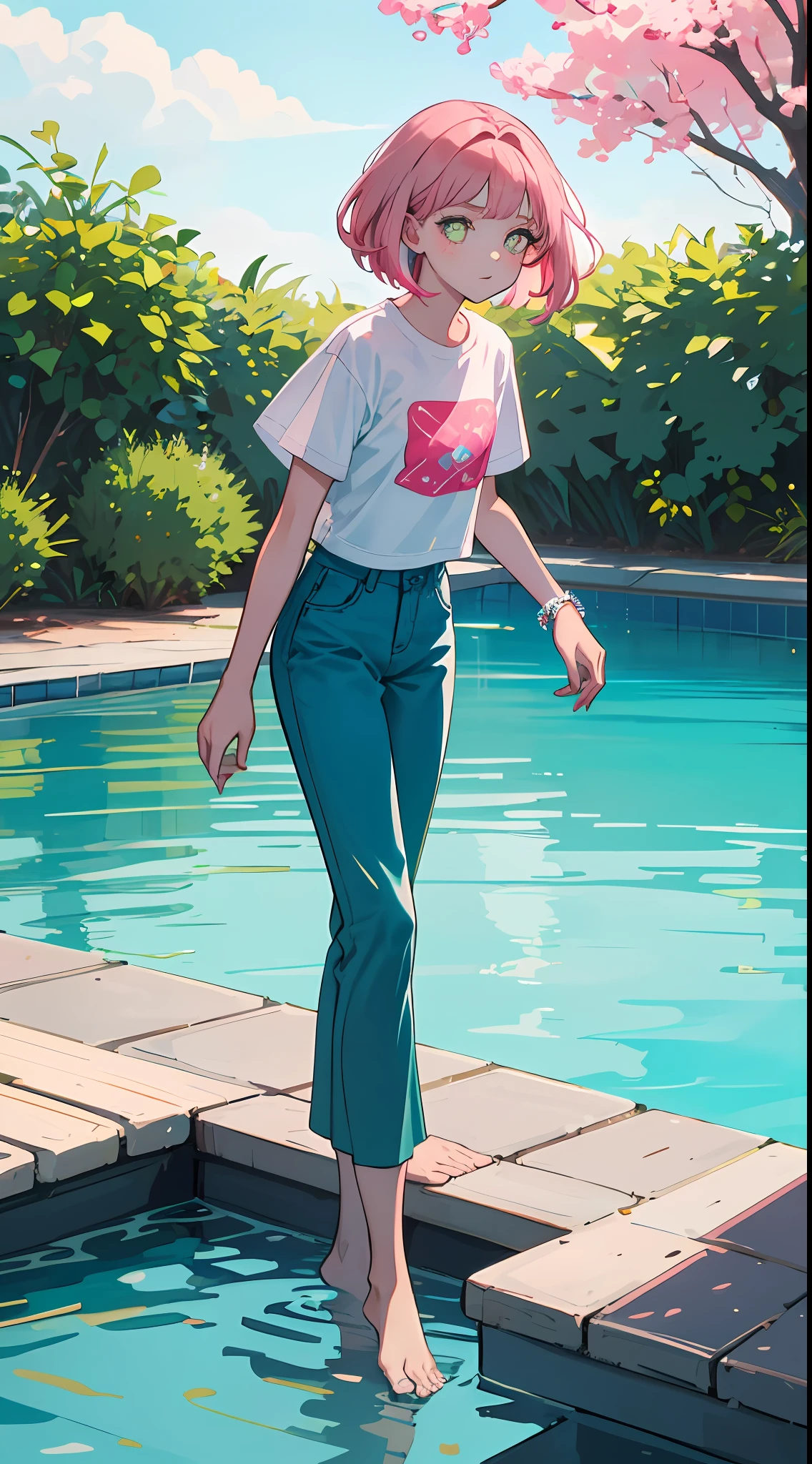 8K，best qulity，The Masterpiece，1 cute little girl ，10 years old, Black pupils，pink tinted hair，Natural volumes，shorter hair，T-shirt and pants, Lovely lace edges，Children's figure，Thin ankles，Barefoot，Turquoise pool background，Cute swimming ring，Welcoming summer atmosphere，relaxed，colourful，Normal hands，Delicate fingers