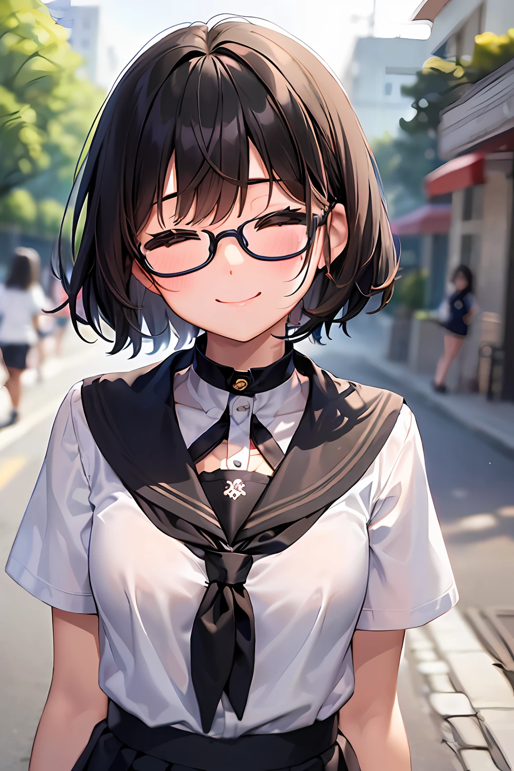 (1 、A dark-haired、short-hair、straight haired、hair adornments、eye closed、A smile、Black glasses、small tits、cute face)、Summer sailor suit、Sailor suit skirt、full bodyesbian、camera view、masterpiece、top-quality