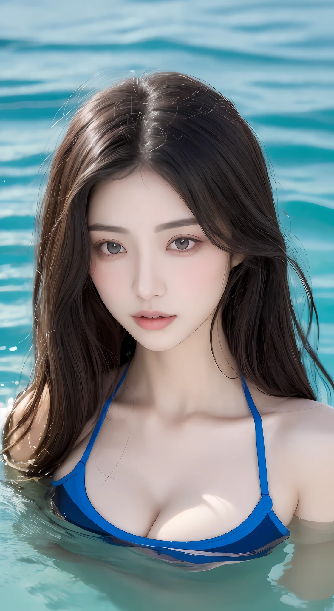 perfect figure beautiful woman：1.4，Layered Hair Style，Protruding cleavage：1.2，swim wears：1.5，Highly Detailed Face and Skin Textur，二重まぶた，Whiten the skin，long whitr hair，Play in the water