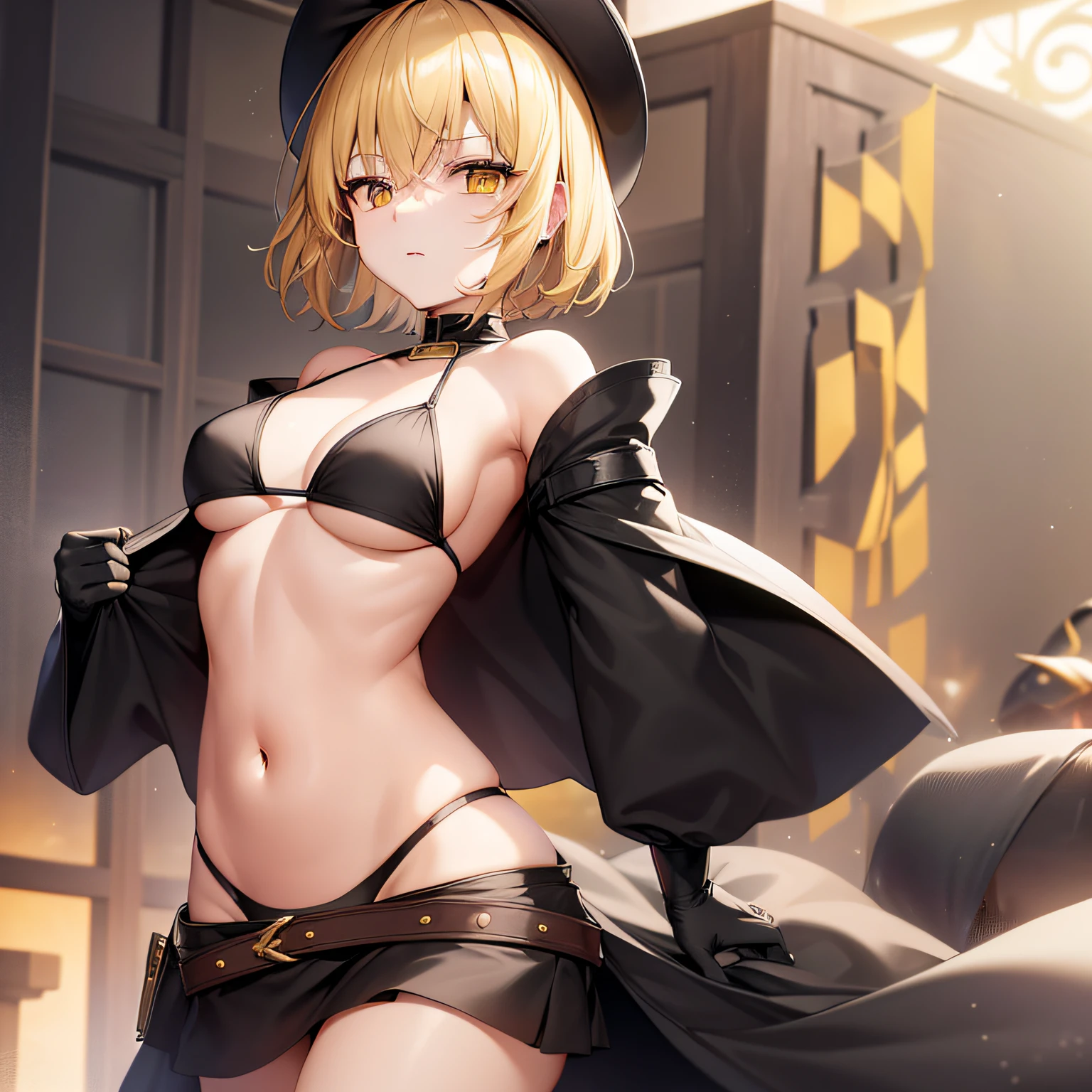 top-quality、extremely delicate and beautiful、femele、Wearing a black cloak。Colossal tits、Black Bikini Bra、Yellow military cap、Thunder properties、a blond、short-haired、Yellow eyes、Navel、Black miniskirt、Belt at waist