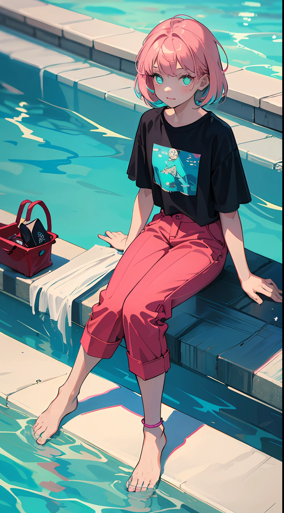 8K,best qulity,The Masterpiece,1 cute little girl ,10 years old, Black pupils,pink tinted hair,Natural volumes,shorter hair,T-shirt and pants, Lovely lace edges,Children's figure,Thin ankles,Barefoot,Turquoise pool background,Cute swimming ring,Welcoming summer atmosphere,relaxed,colourful,Normal hands,Delicate fingers