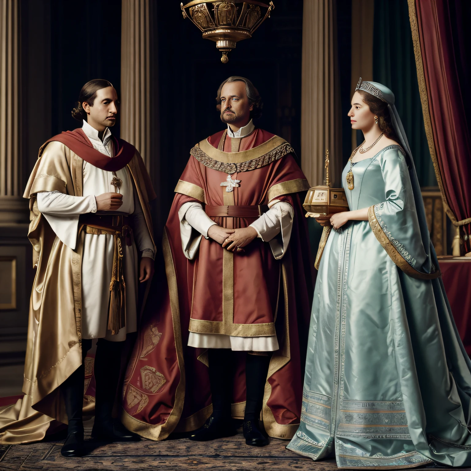 Subject: Queen Isabella I, King Ferdinand II, and Christopher Columbus - A New Era of Exploration
Description: In this historically significant photograph, Queen Isabella I and King Ferdinand II stand regally beside Christopher Columbus as they present him with a chest of treasure. The queen's and king's expressions are filled with pride and anticipation, as they support Columbus's bold expedition to the New World. The photograph captures the pivotal moment when their sponsorship opened the door to a new era of exploration and discovery.
Type of Image: Realistic Photograph
Art Styles: Historical Realism, Royal Portraiture
Art Inspirations: Historical royal photographs, exploration and discovery symbolism
Camera: Nikon D850 DSLR
Shot: Wide-angle with a 35mm lens
Render Info: High-resolution 4K, capturing the historically significant moment, soft natural lighting illuminating the scene, and intricate details of the expressions and the treasure chest.