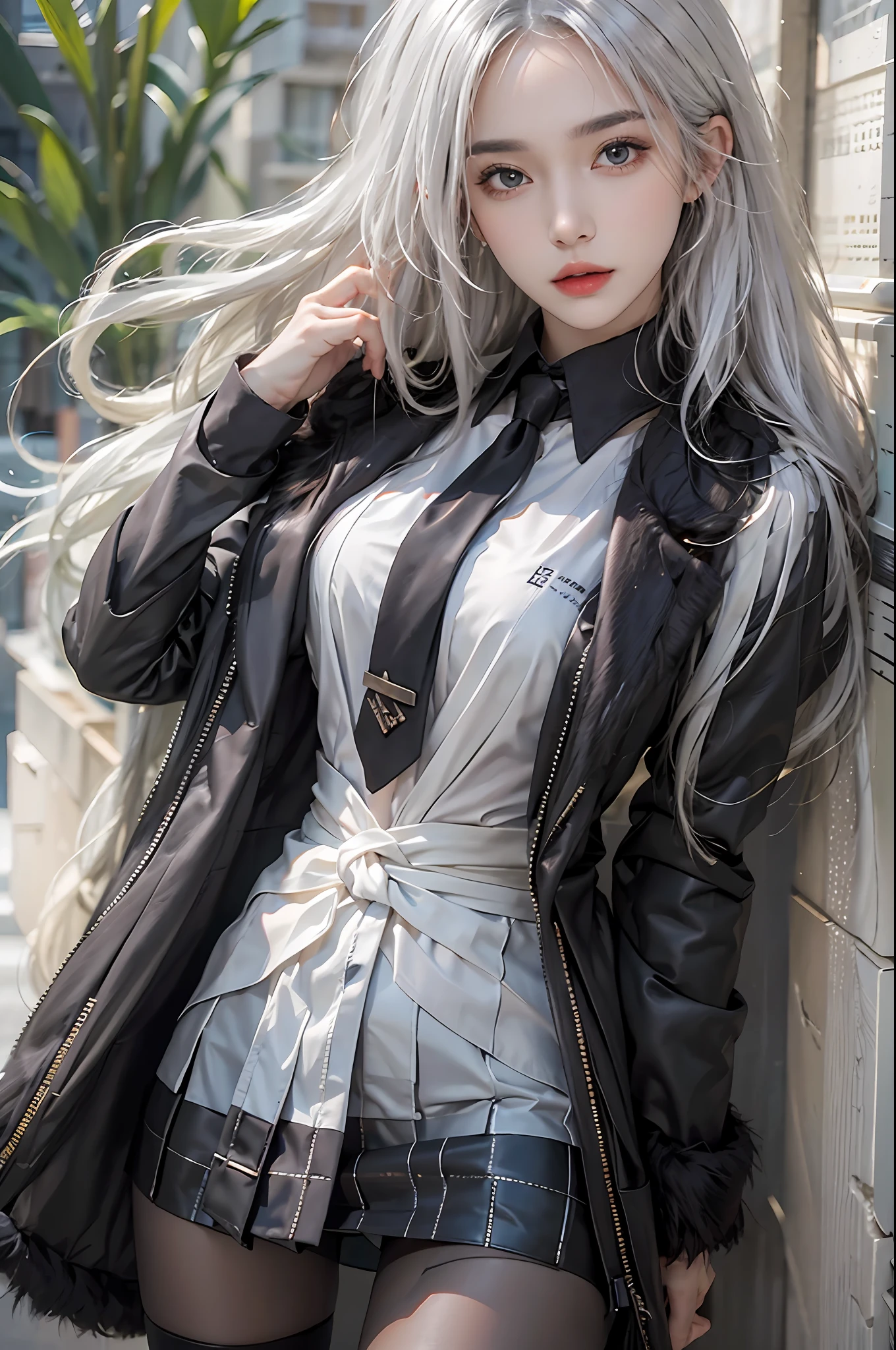photorealistic, high resolution, 1 women, solo, hips up, beautiful eyes, detailed face, white hair, long hair, collared shirt, black necktie,black skirt, pencil skirt, fur coat, black stockings