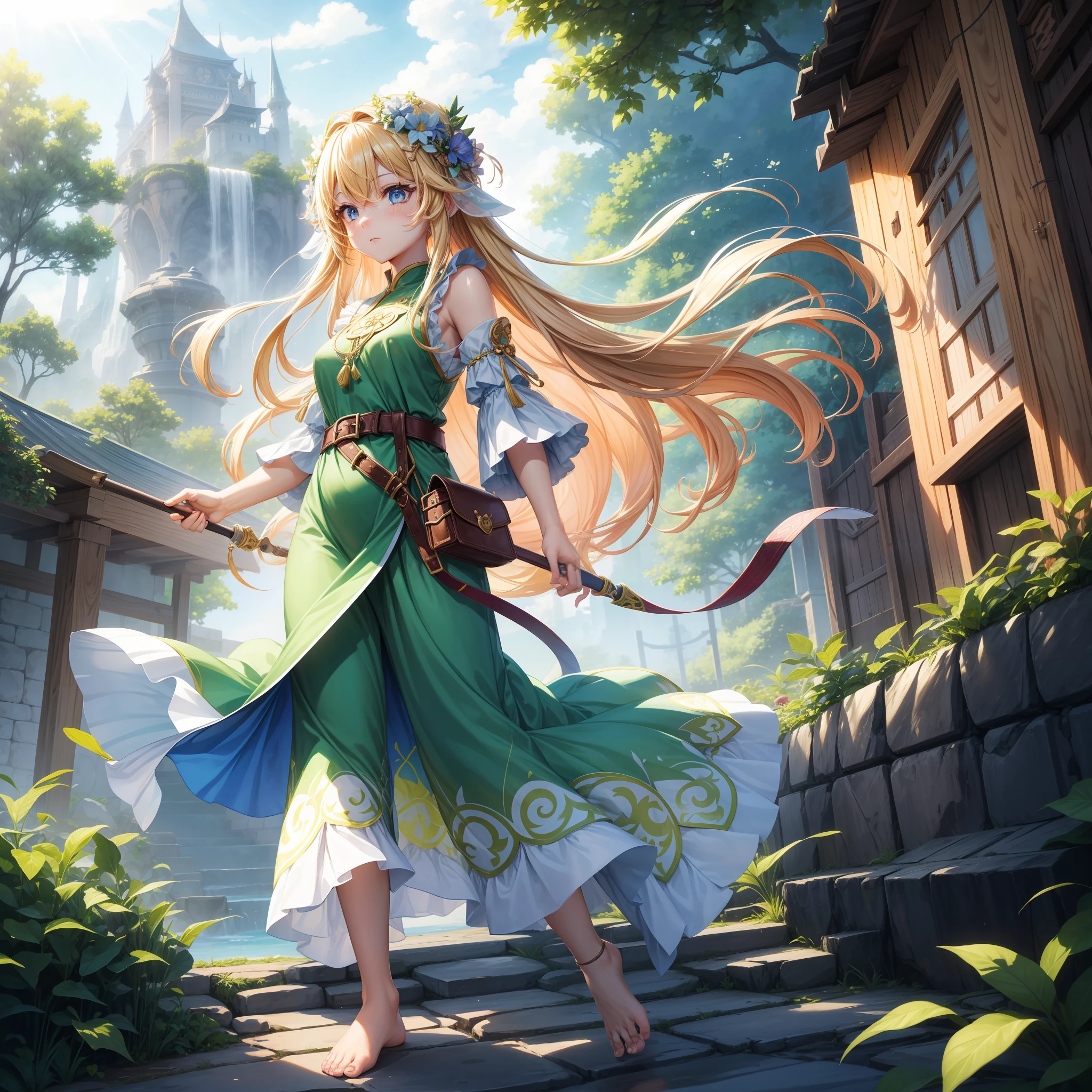 The Girl of、Has a vivid personality。Her hairstyle is、Have long hair、Rich curly hair spreads naturally。Hair color is、With bright blonde hair with a shine like the sun、When hair flutters in the wind、It looks as if particles of light are flying around。

Her outfit is、Adventurous、It is a style that is in harmony with nature。Usually、She wears a green tunic or dress made of light material.。This outfit is、Encourages  of movement、Designed to help her feel comfortable in nature。

At her feet、I often put out my bare feet、There is a decoration at the foot with leaf and flower motifs.。pure、Be prepared for adventure、I had a small bag on my belt.、I put the necessary tools and items there。

Moreover、She may also decorate a corolla or ribbon on her head。These accessories are、It further enhances her unique and bright charm。

Her appearance and appearance are、In harmony with nature、Symbolizes the bohemian spirit。She is in a fantasy world of swords and sorcery、While throwing yourself into magical adventures and new friendships、You will grow by valuing your own personality.。