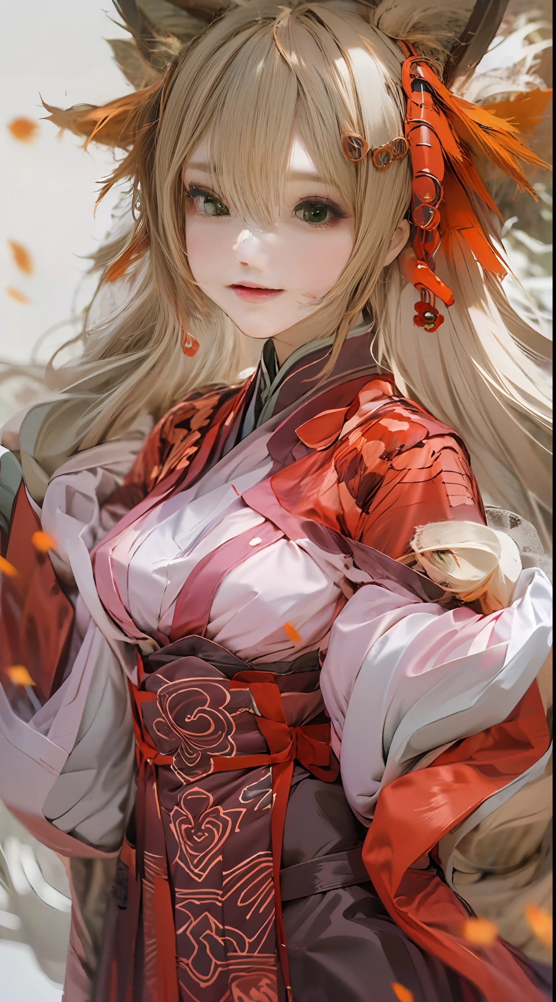 (best images quality)), ((tmasterpiece)), ((meticuloso)),Half-body close-up，Vixen female figure, Elegant and cunning appearance, Features of red fur and tail, Bright eyes and a playful smile, Dress in gorgeous traditional costumes,The world of mysterious and elegant fox demons， (fansty world:1.1), (The beauty of the fox demon:1.1)