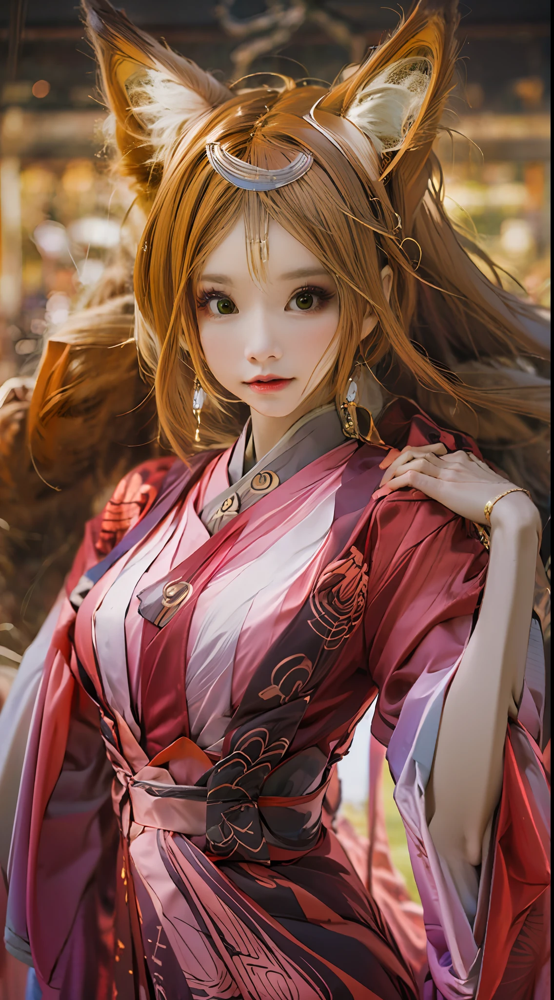 (best images quality)), ((tmasterpiece)), ((meticuloso)),Half-body close-up，Vixen female figure, Elegant and cunning appearance, Features of red fur and tail, Bright eyes and a playful smile, Dress in gorgeous traditional costumes,The world of mysterious and elegant fox demons， (fansty world:1.1), (The beauty of the fox demon:1.1)