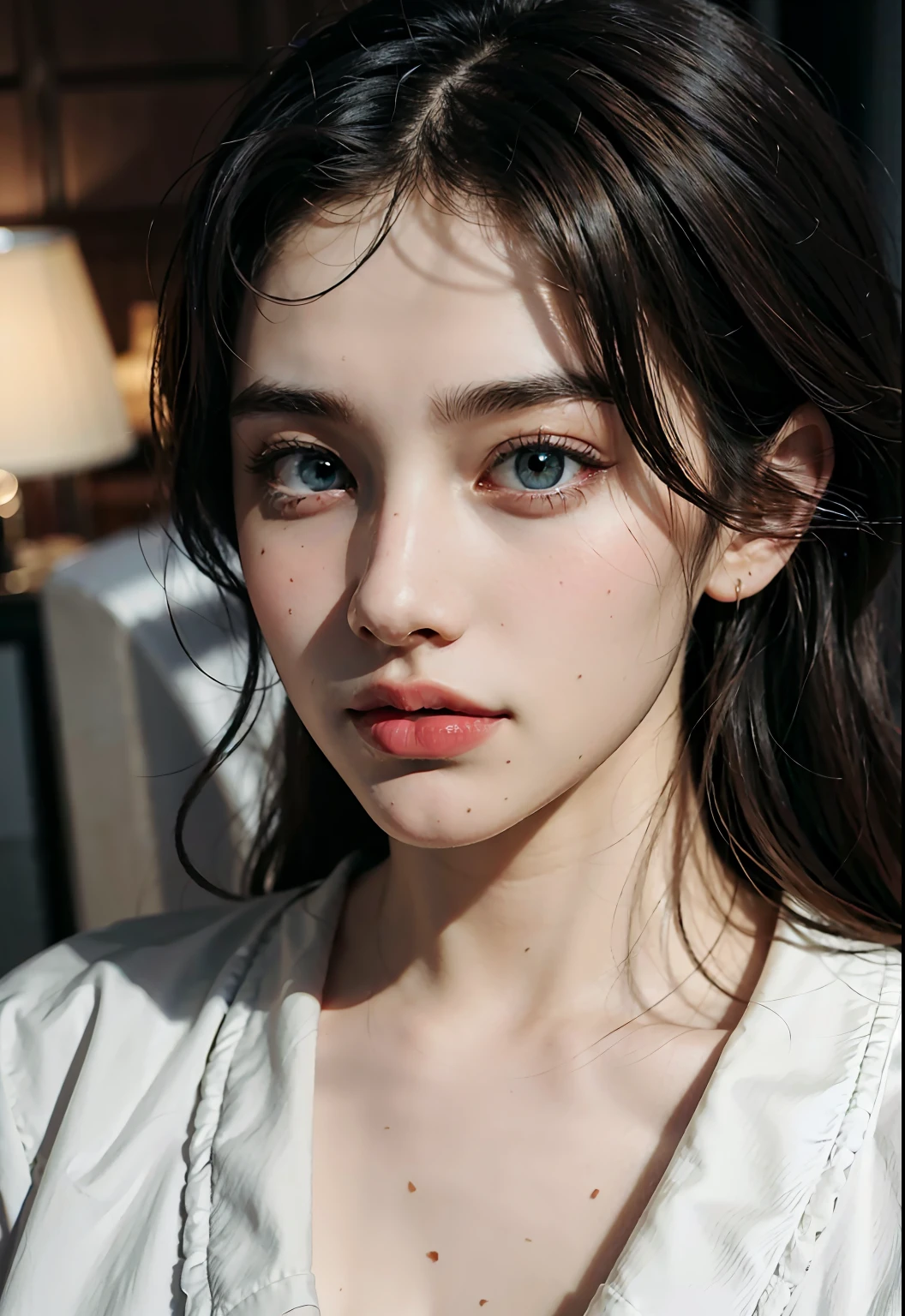 (extremely detailed 8k unity CG wallpaper), ((masterpiece)), (best quality), (super detailed), (best illustrations), (best shadows), ultra high definition, (real photo:1.4), 1girl at home, ((extra-large shirt, button-down shirt, open shirt)), (men's shirt), (no, extremely small breasts: 1.2) look at the viewer, light smile, upper body, great makeup, beautiful face in detail, beautiful eyes, high quality cinematic lighting