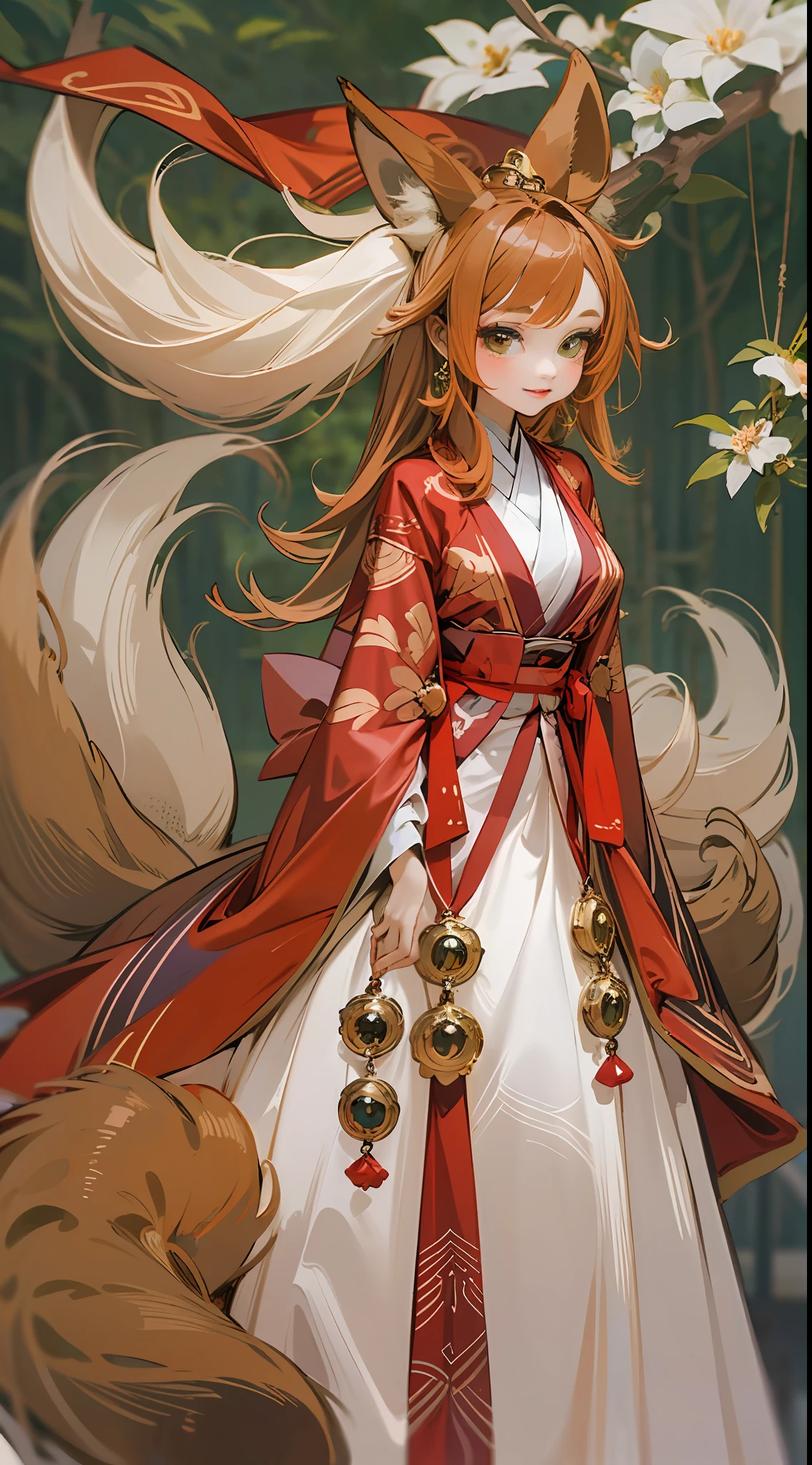 (best images quality)), ((tmasterpiece)), ((meticuloso)),Half-body close-up，Vixen female figure, Elegant and cunning appearance, Features of red fur and tail, Bright eyes and a playful smile, Dress in gorgeous traditional costumes,The world of mysterious and elegant fox demons， (fansty world:1.1), (The beauty of the fox demon:1.1)