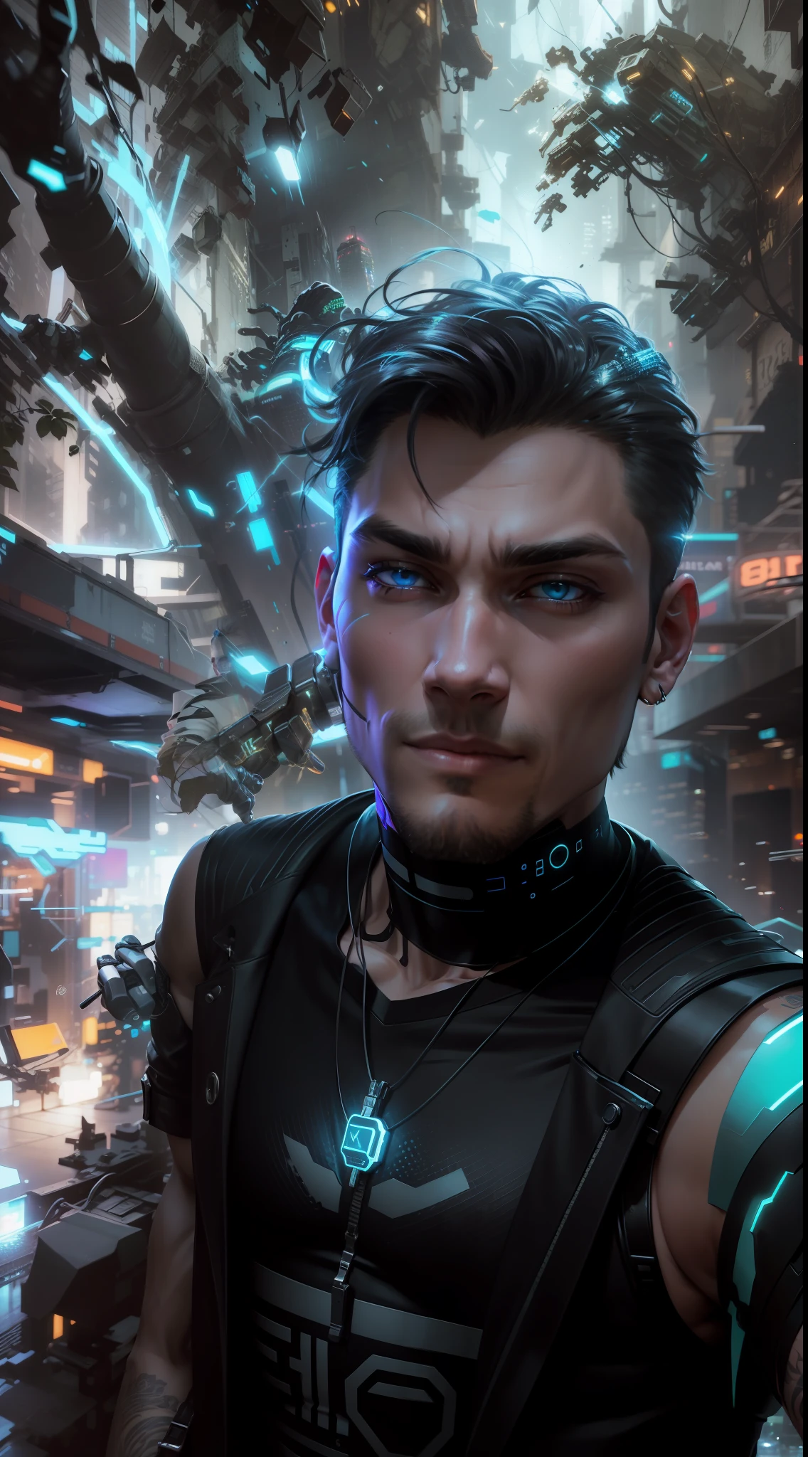 "Imagine a cyberpunk handsome boy with striking features that blend futuristic aesthetics with rugged charm. He has short, sleek silver hair that reflects neon lights, and his piercing electric blue eyes seem to have a digital glow. His face is angular and chiseled, adorned with cybernetic enhancements like circuit-like tattoos that glow with pulsating energy.This cyberpunk heartthrob has a strong jawline and a charismatic smile that hints at a mysterious past. His skin has a faint iridescent sheen, giving him an otherworldly allure. He wears a fashionable yet functional cyberpunk outfit consisting of a sleek black leather jacket with embedded LED lights that change color with every movement. Underneath, he sports a form-fitting, tech-infused bodysuit that enhances his physical abilities.Around his neck, he dons a chain with a pendant resembling an ancient data chip, symbolizing his connection to the digital realm. His wrists are adorned with intricate cybernetic wristbands that house various futuristic gadgets and interfaces.As he walks through the bustling cyberpunk cityscape, his steps resonate with a subtle echo, thanks to the cybernetic enhancements in his legs. The city lights reflect off his cybernetic eyes and tattoos, creating an enigmatic aura that captivates all who catch a glimpse of him.With his adventurous spirit, brilliant mind, and enigmatic persona, this cyberpunk handsome boy is a symbol of the future – a fusion of technology and humanity, embodying the essence of the cyberpunk world." --ar 9:16 HDR 8k
