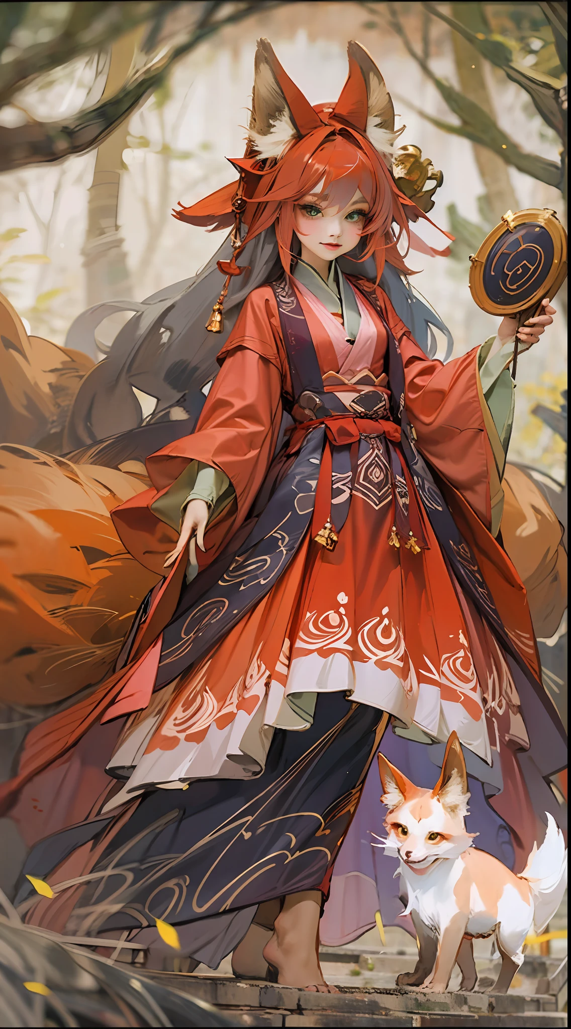 (best images quality)), ((tmasterpiece)), ((meticuloso)),Vixen-witch image, Elegant and cunning appearance, Features of red fur and tail, Bright eyes and a playful smile, Dress in gorgeous traditional costumes, Introductory and mysterious, The world of mysterious and elegant fox demons，The intersection of legendary goblins and humans，(watercolor paiting:1.2), (fansty world:1.1), (The beauty of the fox demon:1.1)