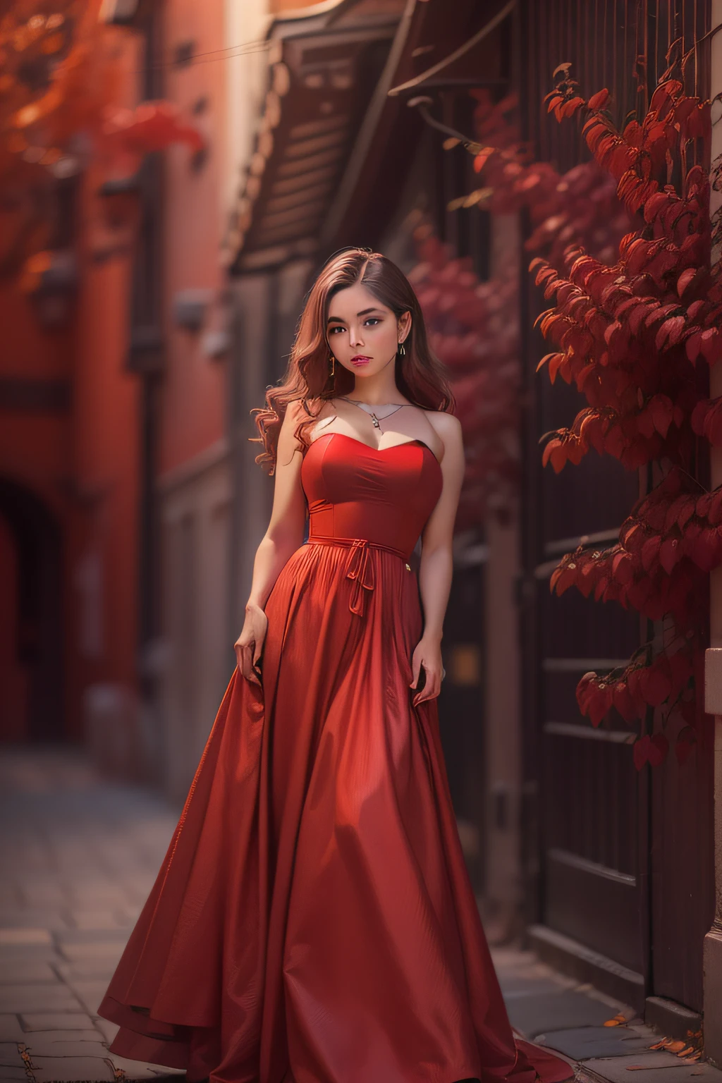 Beautiful girl in red evening dress, brown-hair, brown eye, in full height, (8K, photo in RAW format, beste-Qualit, tmasterpiece:1.2), Ultra-detailed, (high-detailed skin:1.2), 8K UHD, DSLR camera, soft-lighting, hiquality