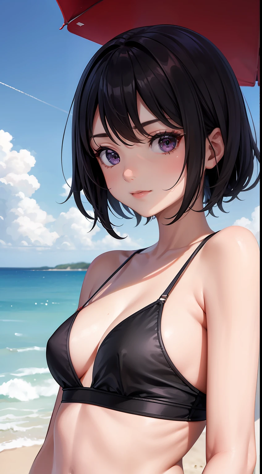 one-girl， old，having fun，Close-up of people，Top-down view，Close-up，short detailed hair，Black hair，Black bra，swim wears，Bust photo，The upper part of the body，比基尼，body curve，Purple eye，(Small of breast)，looks into camera，sportrait，closeup cleavage，Be red in the face，ssmile，brassier，beachside，sandbeach，​​clouds，The tree