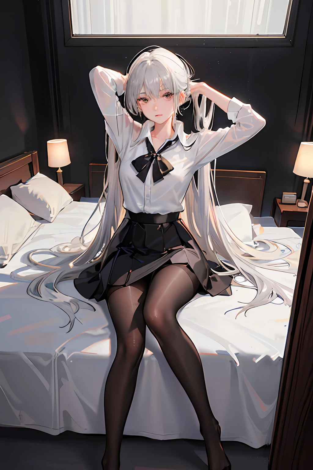 (((1 girl)),ray tracing,(dim lighting),[detailed background (bedroom)),((silver hair)),((silver hair)),(Fluffy silver hair, plump and slender girl))) with high ponytail))) Avoid golden eyes in the ominous bedroom ((((Girl wears a white shirt, black wrinkled skirt with black transparent pantyhose), showing a delicate slim figure and graceful curves, correct limbs, sitting on the bed with hands behind her head, Put both hands behind your head