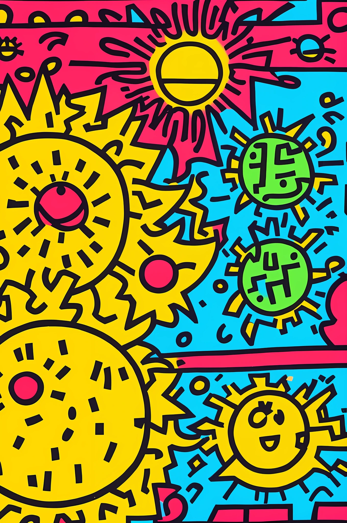Close-up of cartoon characters with the sun on top, keith harring, keith haring style, Inspired by Keith Haring, inspired by Howard Arkley, by Keith Haring, Howard Arkley, Mario Baldi, Contemporary art in the 90s, Lisa, Kaws, Warm sunshine, Pop, Sunlight, kid, the morning sun