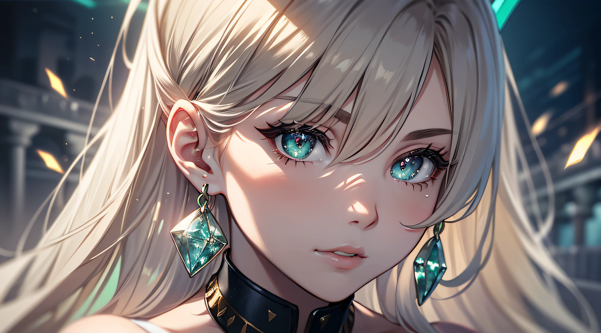 Masterpiece, Superb Painting, Cangling Green, Platinum Earrings, Platinum Necklace, Green Dress, 1girl, Cute, (Dynamic Light: 1.2), Cinematic Light, Delicate Facial Features, Detailed Eyes, Sharp Pupils, Realistic Pupils, Depth of Field, Background Bokeh, Clear Focus, (Ultra Detail, Halo, Glow: 1.4), Many Small Gemstones with Many