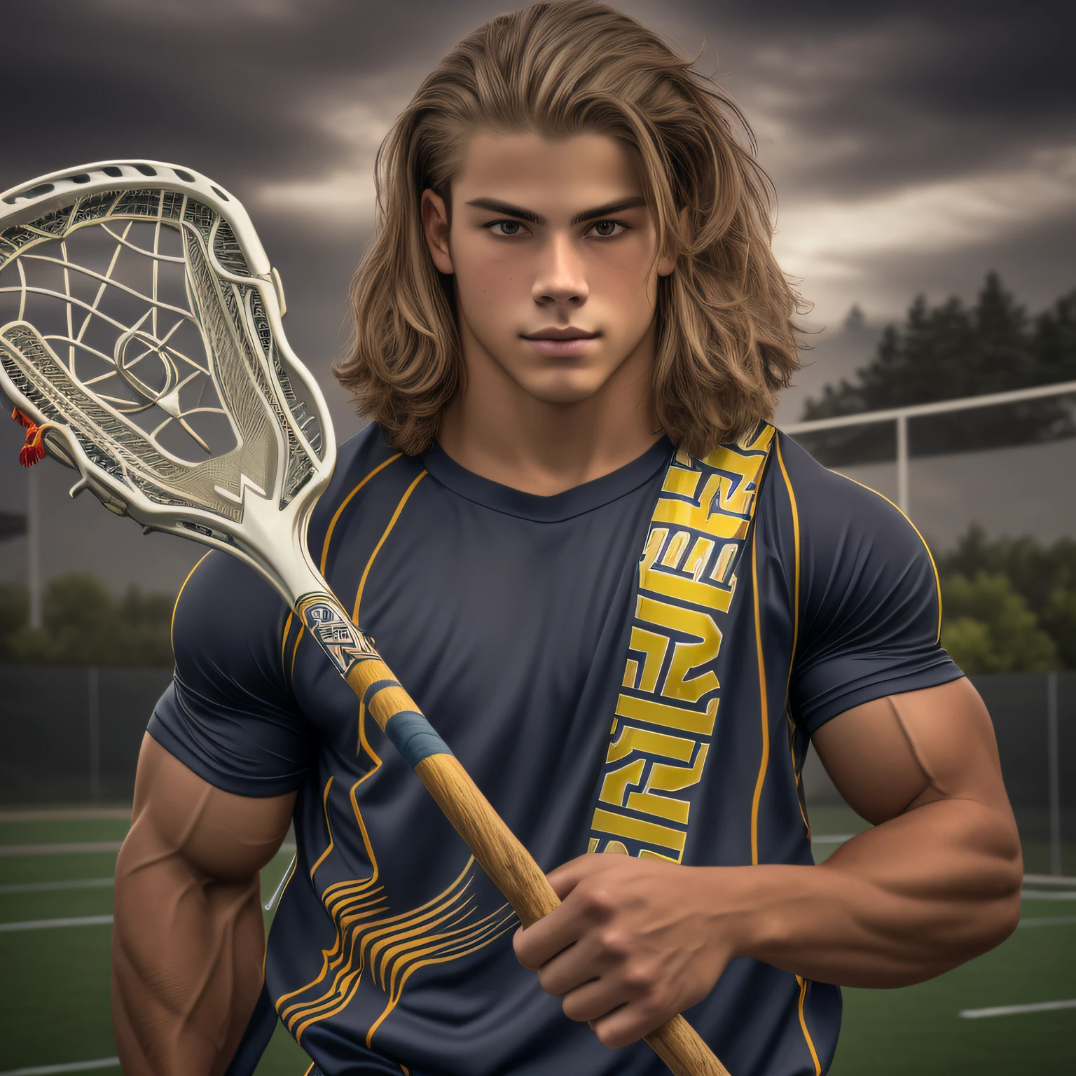 An 18-year-old boy bodybuilder, embodying the perfect fusion of Joey Lawrence and Cody Calafiore with long hair, exuding an aura of strength and confidence. Enhanced with HDR technology, this image depicts a true masterpiece, 4K resolution, lacrosse player holding a lacrosse stick, reddit, brine lacrosse stick