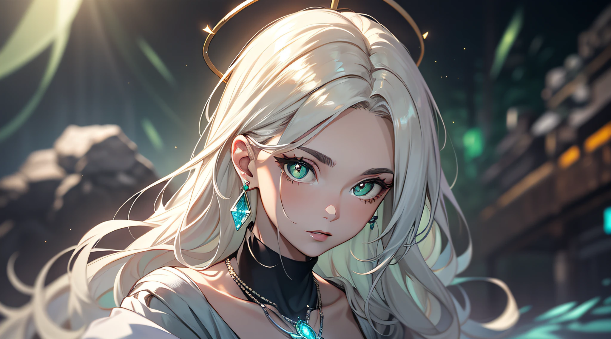 Masterpiece, Superb Painting, Cangling Green, Platinum Earrings, Platinum Necklace, Green Dress, 1girl, Cute, (Dynamic Light: 1.2), Cinematic Light, Delicate Facial Features, Detailed Eyes, Sharp Pupils, Realistic Pupils, Depth of Field, Background Bokeh, Clear Focus, (Ultra Detail, Halo, Glow: 1.4), Many Small Gemstones with Many