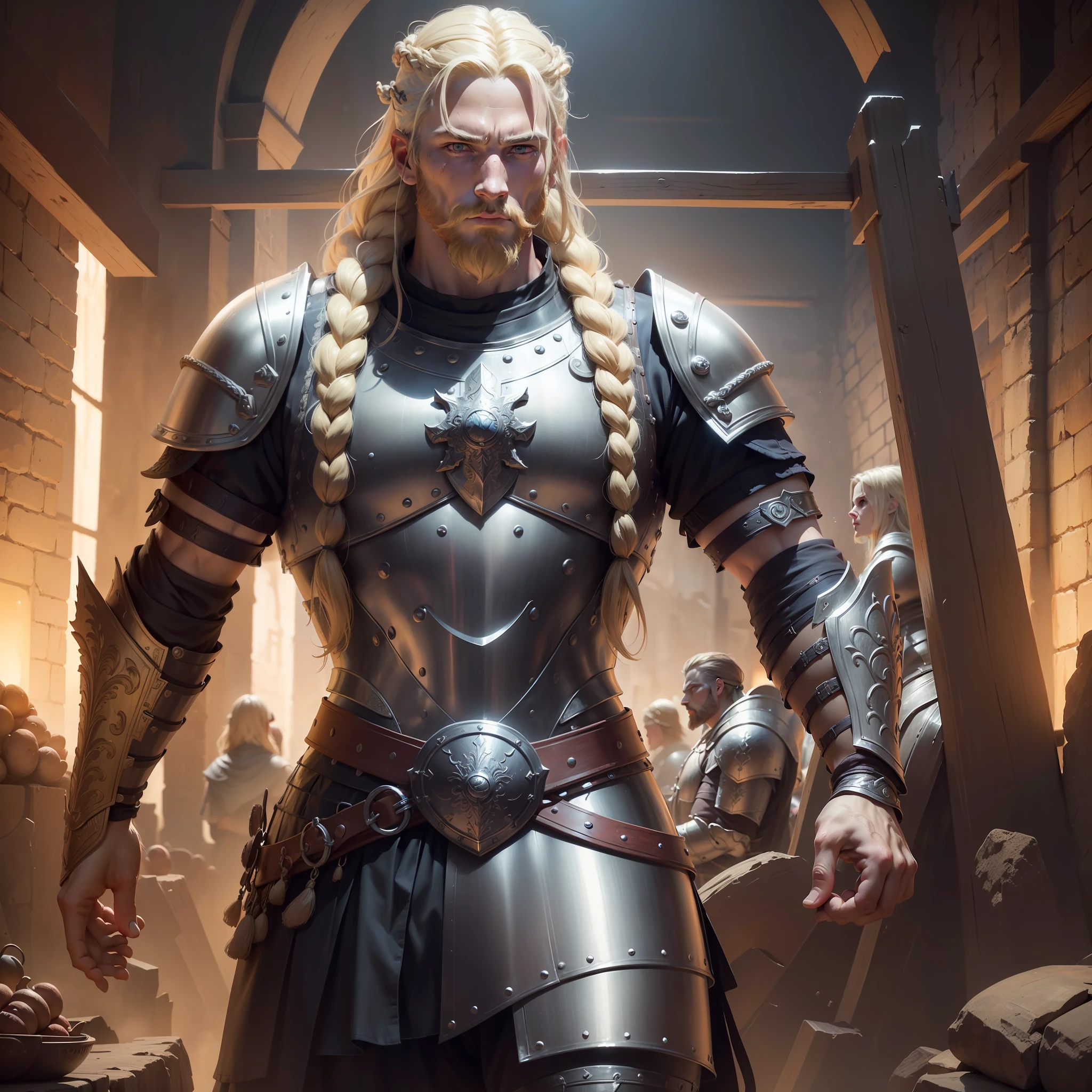 (ultra detailed, artwork, masterpiece, high resolution:1.3), a Viking man ((full body)), (wearing armor) long and blonde hair ((sidecut)), male, ((masculine)), (athletic body) in the background a medieval war camp, ((hyperrealistic cinematic light:1.3)), (serious), ((detailed marks on the face))