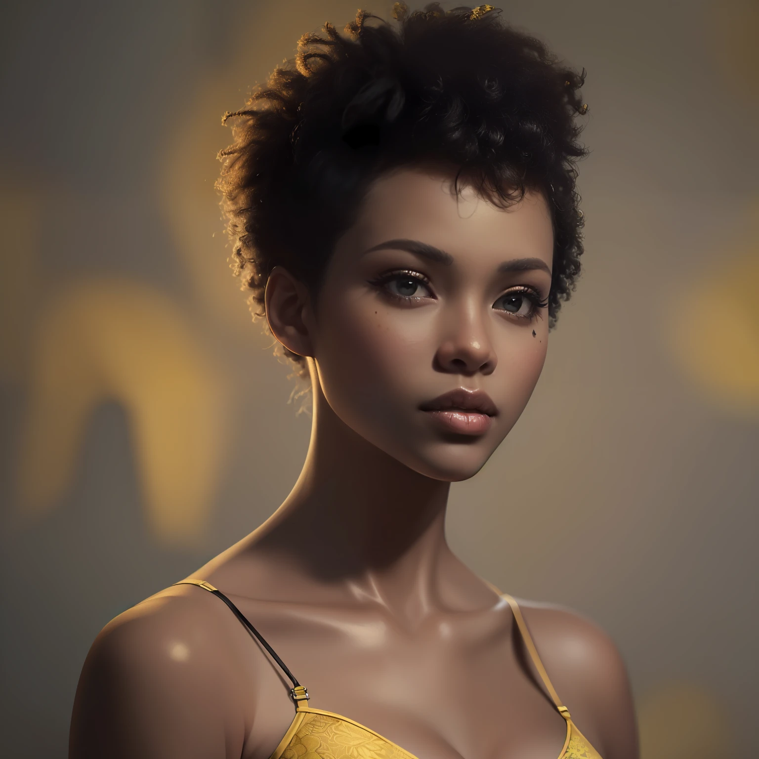 ( 
    (Character: one afro-american woman, black short hair) 
    (Clothing: yellow lingerie, ),(close-up) 
    (Style: ((masterpiece:1.5)), (face detailed), photo-realistic:1.3, hyperrealistic, film grain, realistic lighting)
)