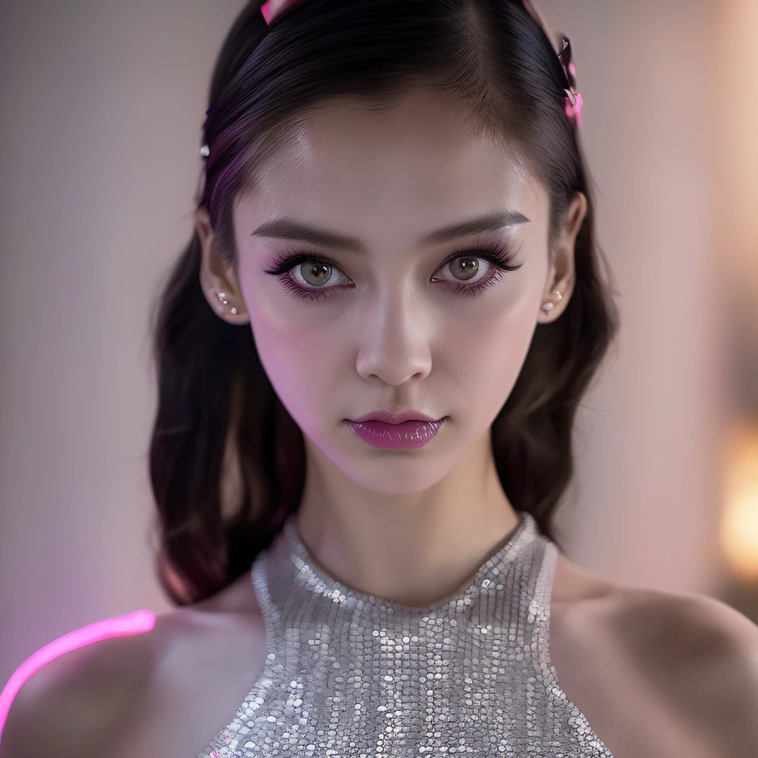 1girl, best quality, photorealistic, indoors, short hair, pink hair, ponytail, beautiful face, pale sliver skin, perfect small firm breasts, pale , upper body, half length portrait, necklace, jewelry, headband, iridescent makeup, look looking at viewer, erotic, cyberpunk, neon, gothic, rgb led rave