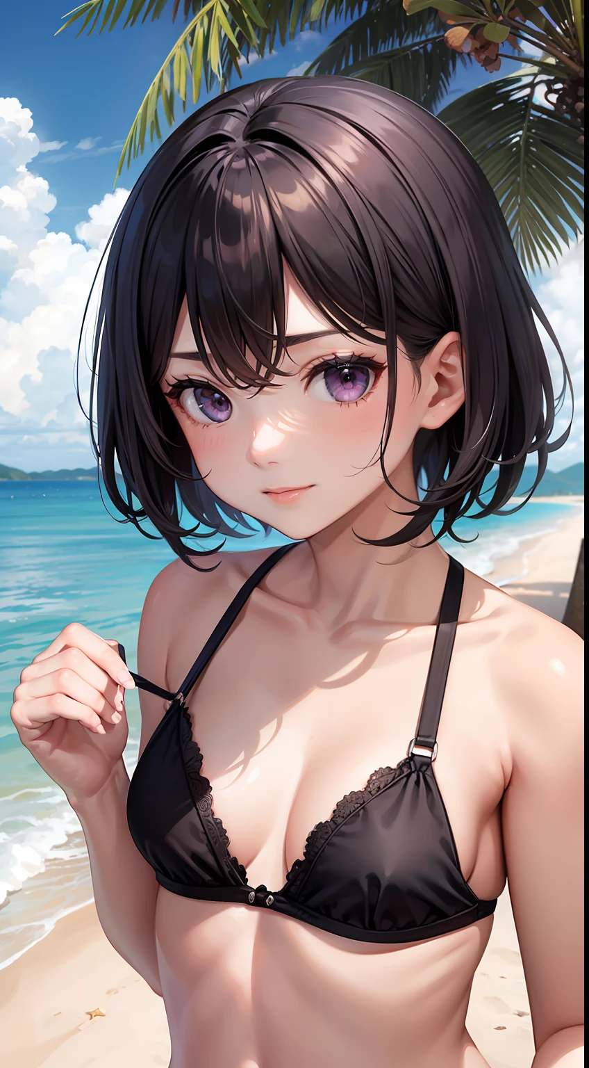 one-girl，10years old，having fun，Close-up of people，Top-down view，Close-up，short detailed hair，Black hair，Black bra，swim wears，Bust photo，The upper part of the body，比基尼，body curve，Purple eye，(Small of breast)，looks into camera，sportrait，closeup cleavage，Be red in the face，ssmile，brassier，beachside，sandbeach，​​clouds，The tree