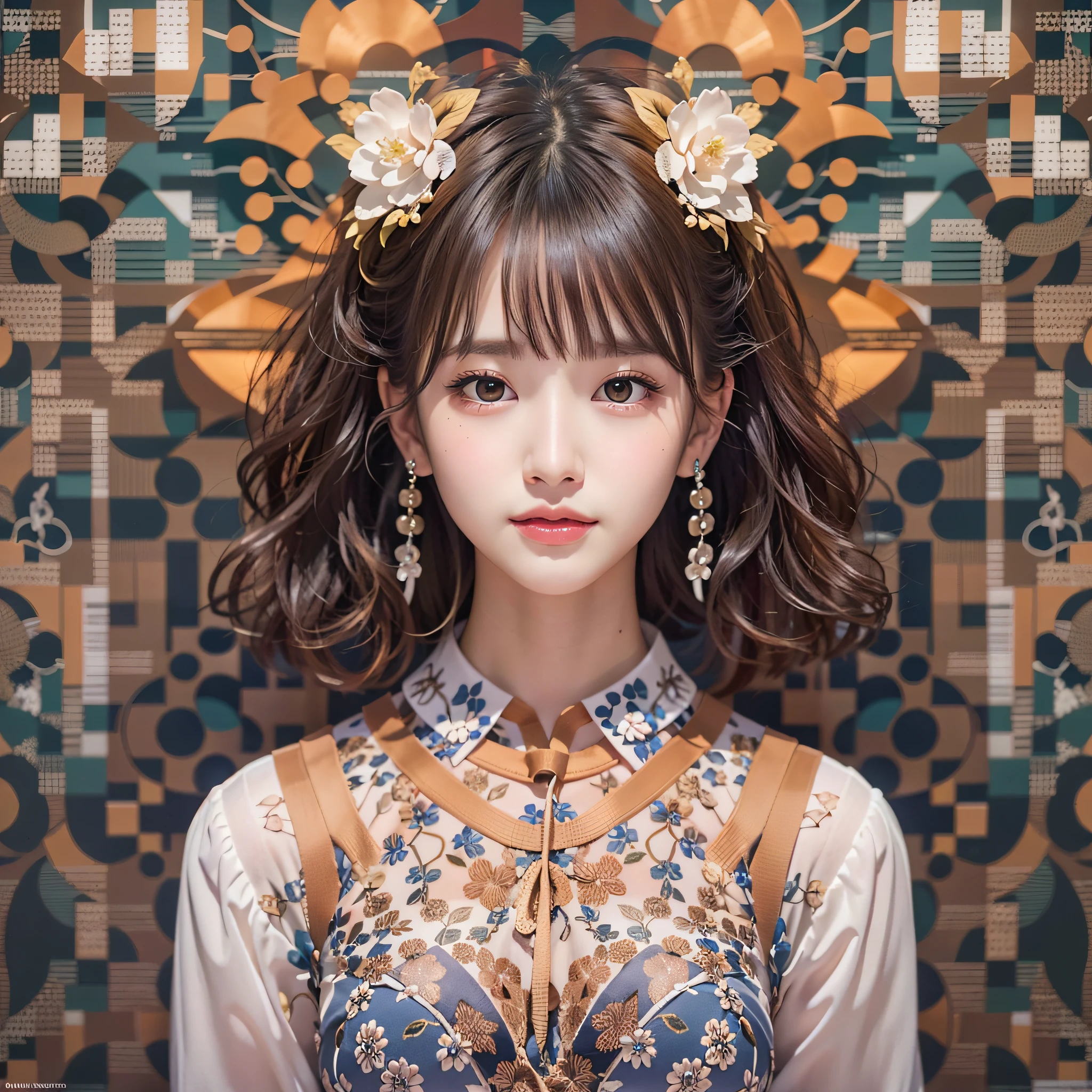 symmetrical, Compositions with coloful geometric arabesque patterns, (Bun hair, dark brown hair), (top-quality, Photorealsitic:1.4, masterpiece:1.3, RAW Photography:1.2, cinematric light, very detailed illustration), (1woman:1.3, solo), (asian girl, ultra delicate face, ultra Beautiful fece, ultra delicate eyes, ultra detailed nouse, ultra detailed mouth, ultra detailed facial features), petite woman, (school uniform:1.3),  (midium breast:1.3), from the front side, skiny, lipgloss, a smile