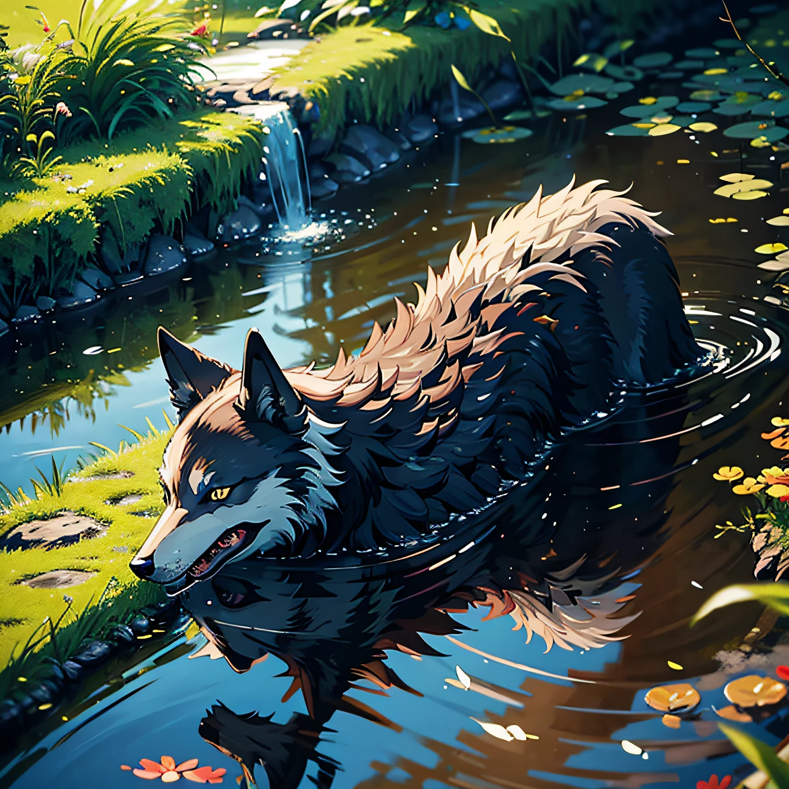 tmasterpiece，A high resolution，By the pond，A dozen wolves，Fierce fangs，Wandering，Overflowing saliva，exquisitedetails。