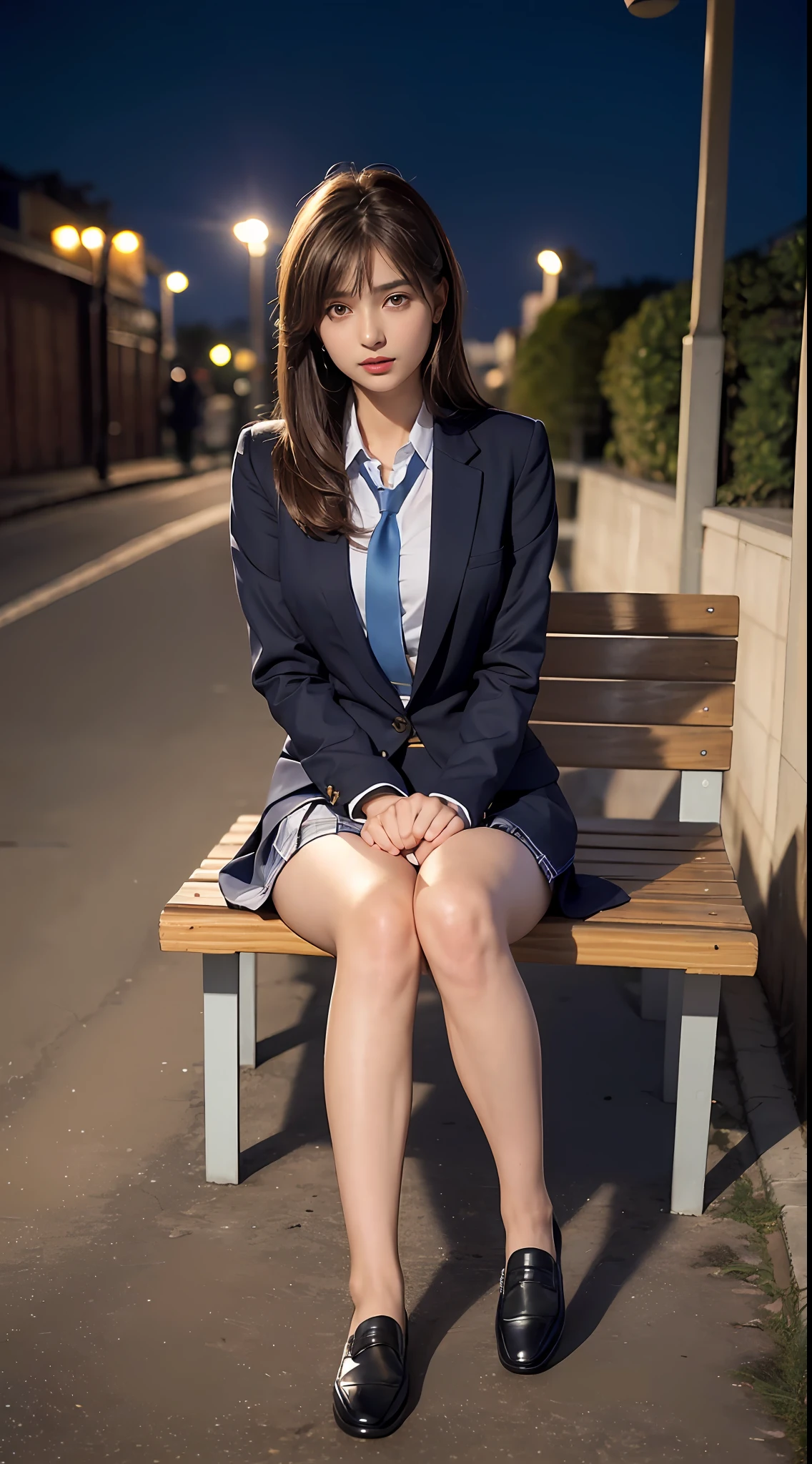 (8k, RAW photo, top quality, masterpiece: 1.2, realistic, photorealistic, high contrast, photon mapping, photon mapping, photorealistic, ultra-detailed, professional lighting, low angle: 1.2), (1 girl), (solo: 1.5), (full-body), (height is 170cm), (22-year-old schoolgirl), (Anushka sen at night in India), (sidewalk bench), (Japan High School Uniform), (Dark Blue Blazer: 1.2), (Short Plaid Skirt: 1.2), (White Shirt for Students), (Tie: 1.2), (Sitting, Looking Forward), (M-Legged), (100 Degree Open), (Crotch Open: 1.2), (Light Brown Medium Hair), (Panties: 1.5), (Black Loafers: 1.2), (Beautiful Face: 1.2), (Perfect Proportions: 1.2), (Long Legs: 1.2), (Panties Slightly Visible from Under Skirt: 1.2), (Translucent Skin), beautiful body, highly detailed