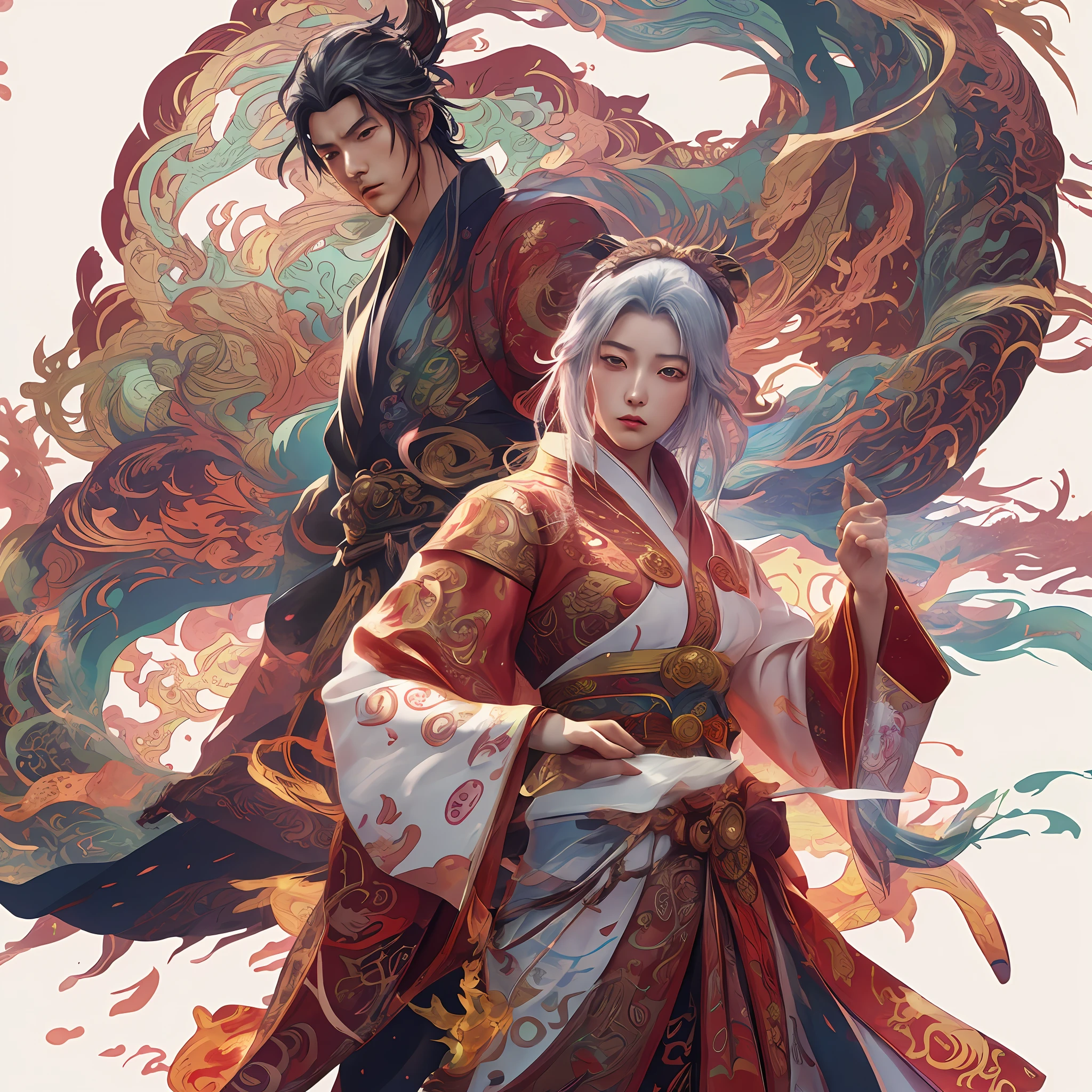 Anime - Style illustration of men and women in traditional costumes of dragons, Japanese art style, by Yang J, Guviz-style artwork, Alphonse mucha and rossdraws, Anime fantasy illustration, anime illustration, A beautiful artwork illustration, Guviz, ross tran and bayard wu, trending on cgstation, Anime style illustration