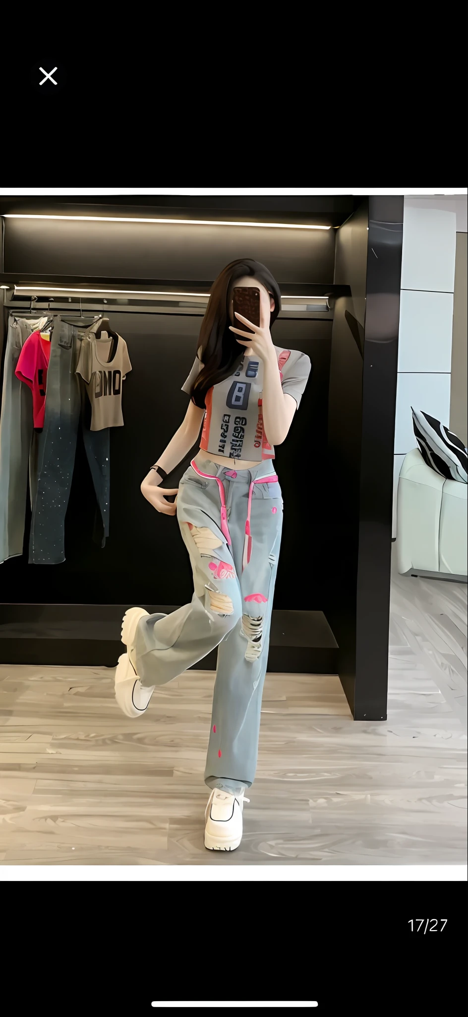 Goddess taking a selfie at a clothing store, kawaii shirt and jeans, 2 0 2 0 fashion, with ripped crop t - shirt, jeans pants, jeans and t shirt, Casual clothing, Casual clothes, Trendy clothes, Cute casual streetwear, She is seen wearing streetwear pieces, Jeans, ripped jeans, baggy jeans, 19xx