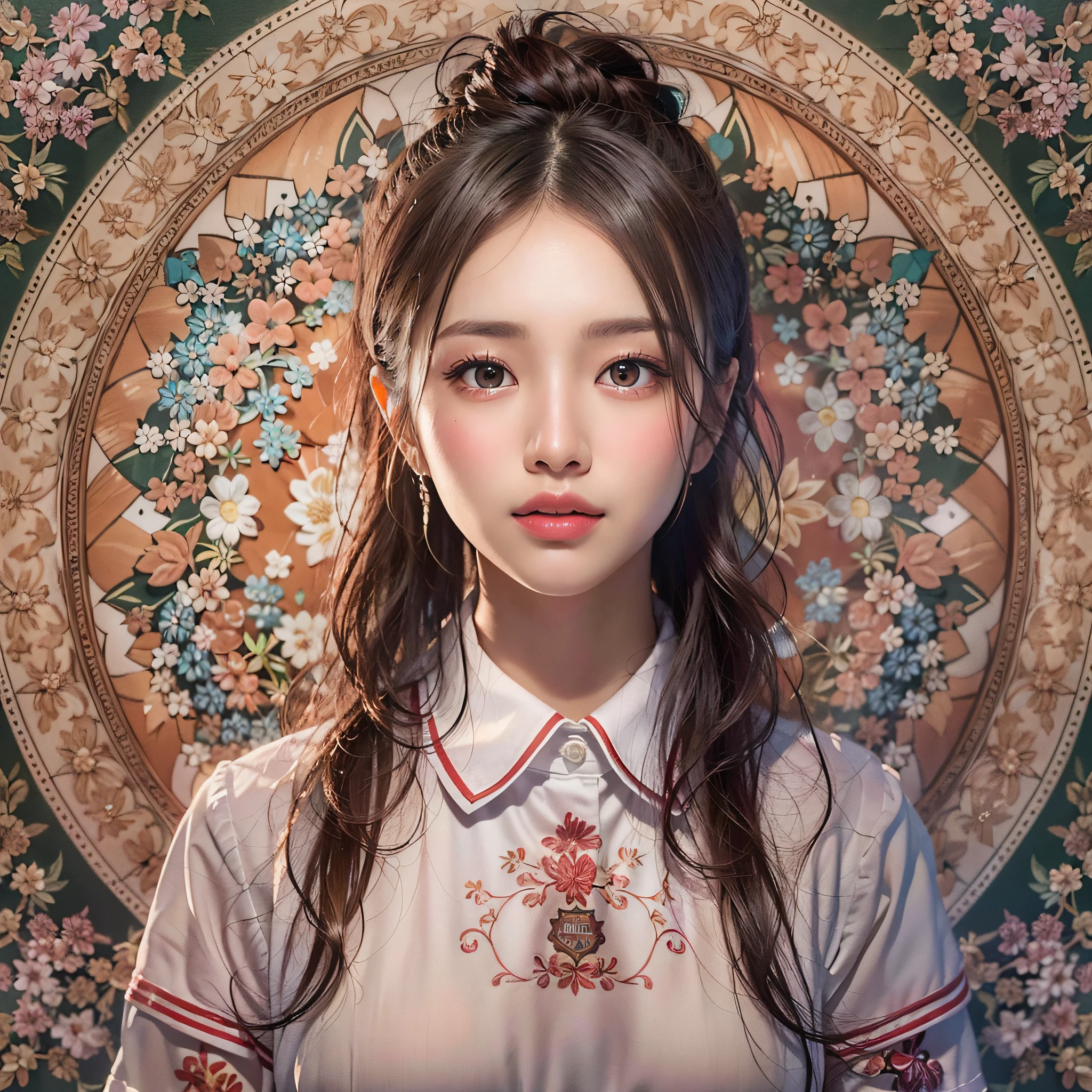 (Background, symmetrical, Compositions with coloful geometric arabesque patterns):1.3, (Bun hair, dark brown hair), (top-quality, Photorealsitic:1.4, masterpiece:1.3, RAW Photography:1.2, cinematric light, very detailed illustration), (1woman:1.3, solo), (asian girl, ultra delicate face, ultra Beautiful fece, ultra delicate eyes, ultra detailed nouse, ultra detailed mouth, ultra detailed facial features), petite woman, (school uniform:1.3),  (midium breast:1.3), from the front side, skiny, lipgloss, a smile