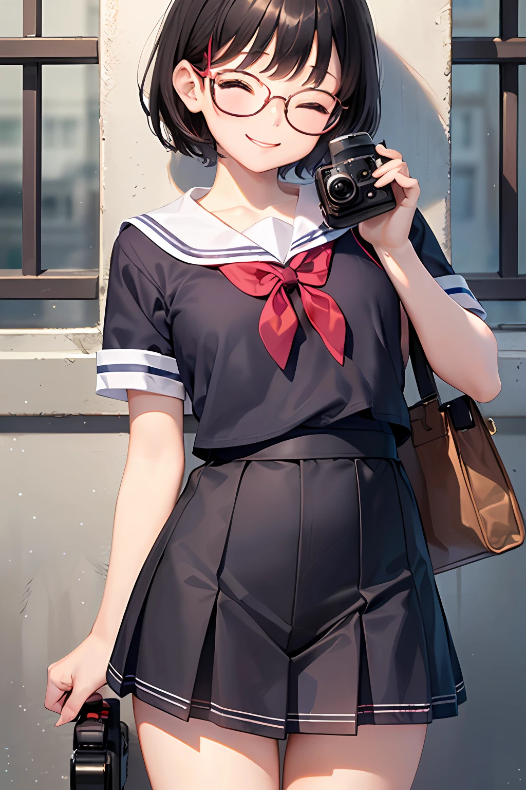 (1 Junior High School Girl、A dark-haired、short-hair、straight haired、hair adornments、eye closed、A smile、Black glasses、small tits、cute face)、Sailor suit with short sleeves、Sailor suit skirt、full body Esbian、camera view、masterpiece、top-quality