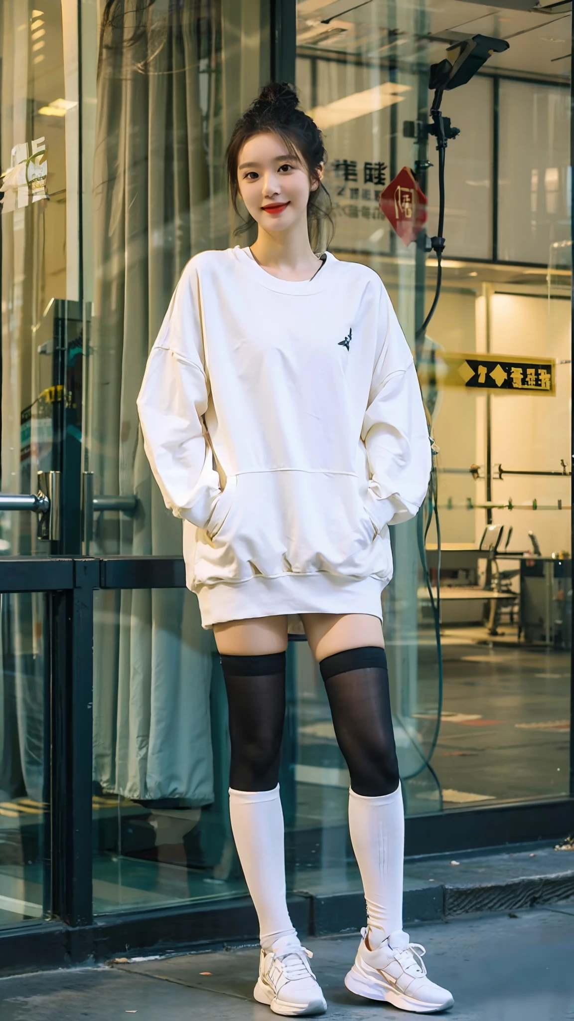 best qualtiy,tmasterpiece,超高分辨率,(realisticlying:1.4),1girll,Full body photo,sideways standing,black lence stockings,White sweatshirt,