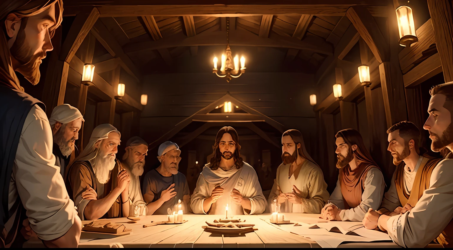 A detailed, hand-drawn sketch of Jesus and his 12 disciples, gathered around a long wooden table, illuminated by a single candlelight. --auto