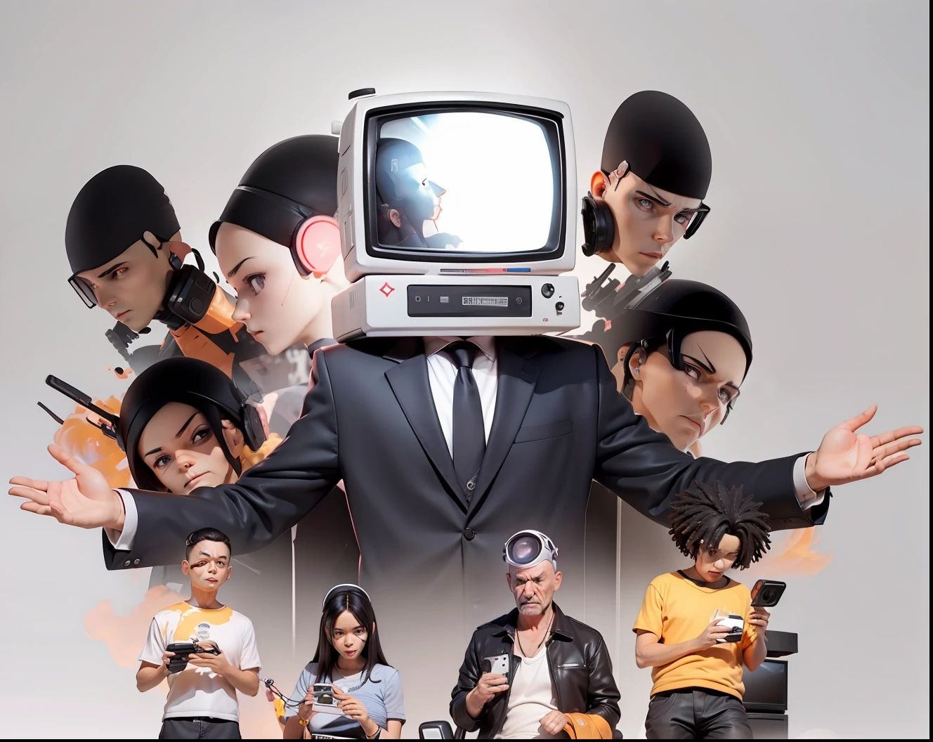 there's a man with a TV head controlling the rest of the population in Iluminat style, there's a man with a TV in place of his head, Humanity enslaved through cell phones, An apocalyptic scene;