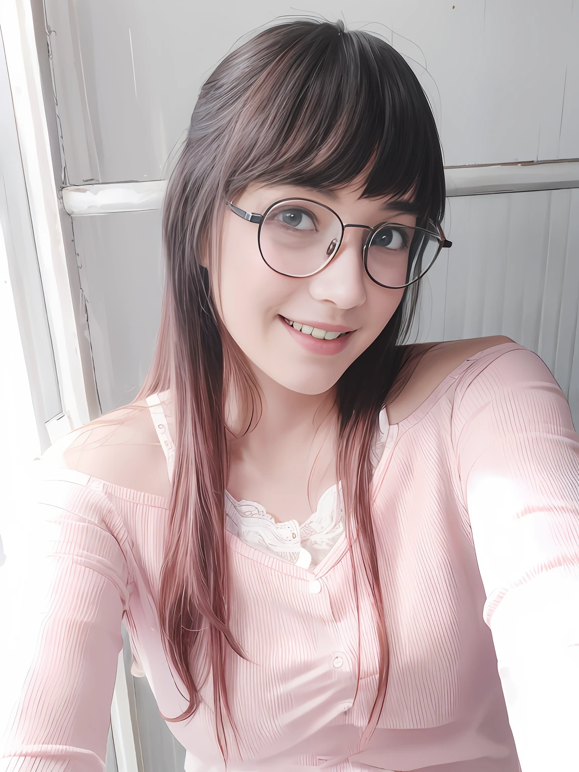 Woman with glasses and pink shirt posing for photo, Menina anime na vida real, bonito ligeiramente nerd, sorriso, with round glasses, kawaii retrato realista, With eye Glasses, menina kawaii bonito, Sakimichan, leve sorriso nerd, menina anime bonita, rosto bonito claro, cabelo marrom tingido rosa, com franja, rosto delicado