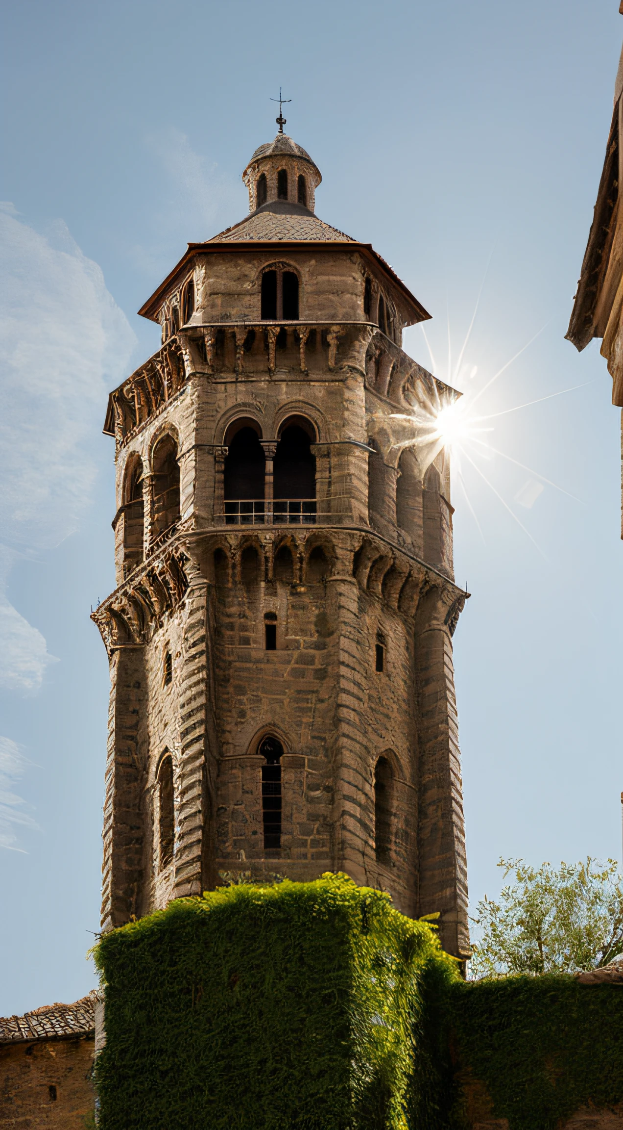 close up depiction of an eighth century medieval romanesque tower, octagonal, exterior, medieval romanesque architecture, in a big medieval city, (backlighting), realistic, masterpiece, highest quality, lens flare, shade, bloom, [[chromatic aberration]], by Jeremy Lipking, by Antonio J. Manzanedo, digital painting