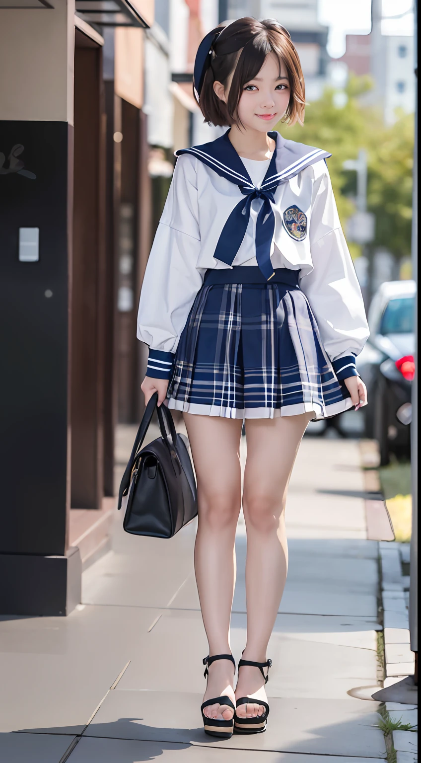 Fresh and cute girl，short detailed hair，By bangs，Wearing a sailor suit。Her legs are bare，Wear yours with platform sandals。She's a bad girl，Exquisite makeup，in school uniform。Sandals can be seen in full-body photos，She looked back cutely，smiling at camera。Bad girlishness