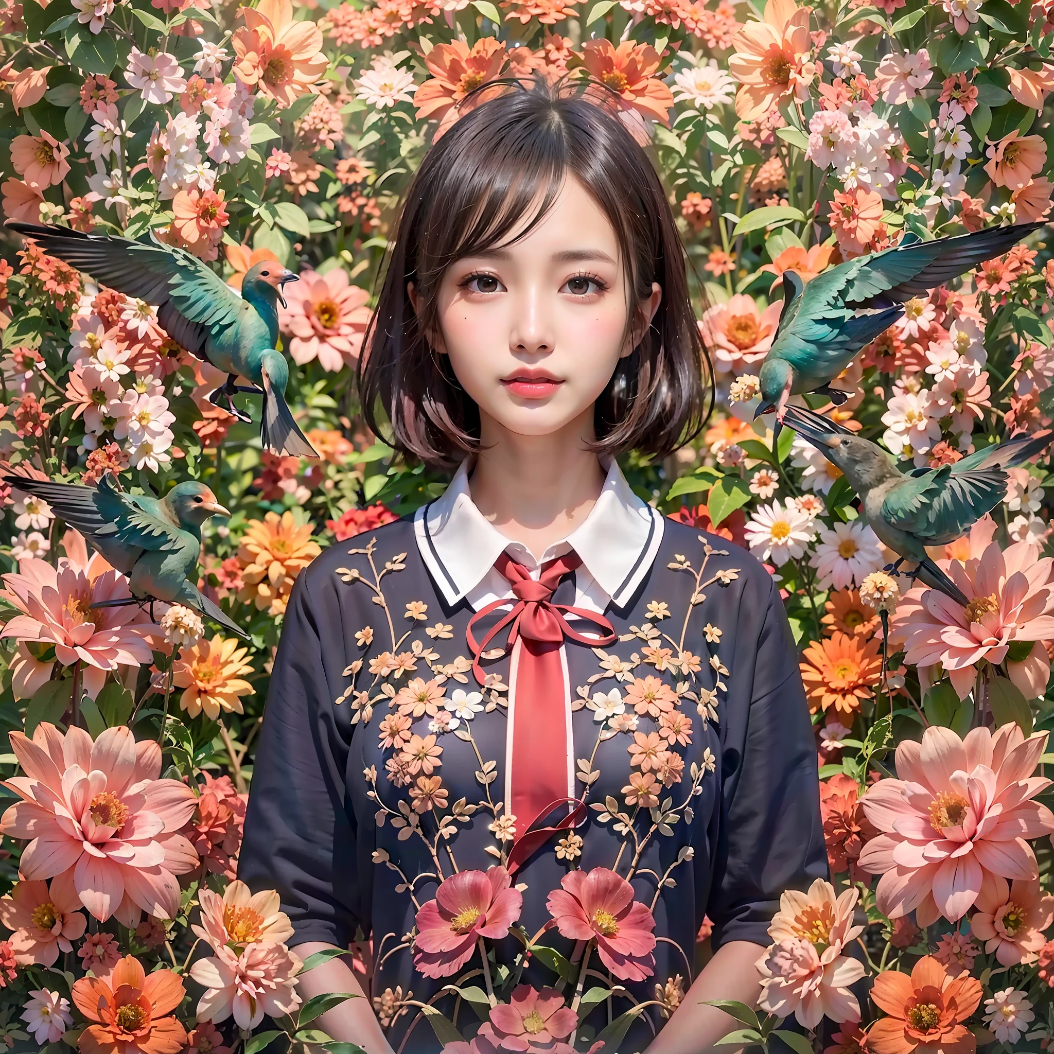 (symmetrical, Compositions with coloful geometric arabesque patterns, Flowers, plants and birds), (Bun hair, dark brown hair), (top-quality, Photorealsitic:1.4, masterpiece:1.3, RAW Photography:1.2, cinematric light, very detailed illustration), (1woman:1.3, solo), (asian girl, ultra delicate face, ultra Beautiful fece, ultra delicate eyes, ultra detailed nouse, ultra detailed mouth, ultra detailed facial features), ite woman, (school uniform:1.3), (midium breast:1.3), from the front side, skiny, lipgloss, a smile
