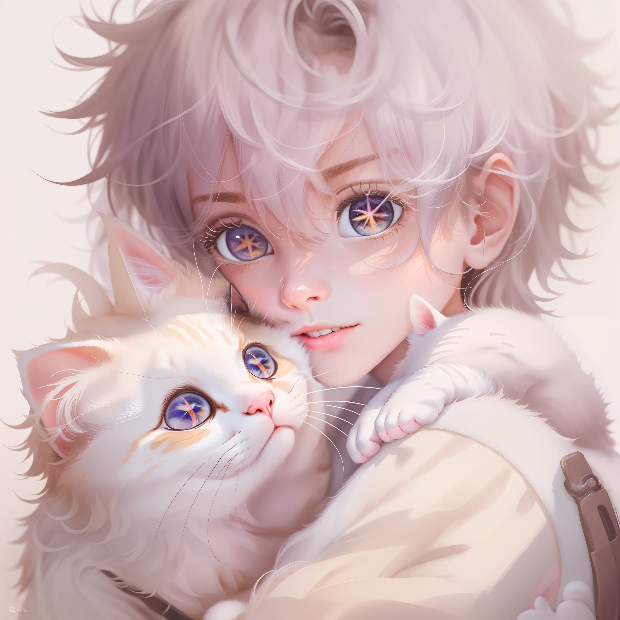 The Q version of the gentle teenager holds a white kitten and looks at each other, his eyes full of love,Occupy the main body,head portrait,Pleasant environment