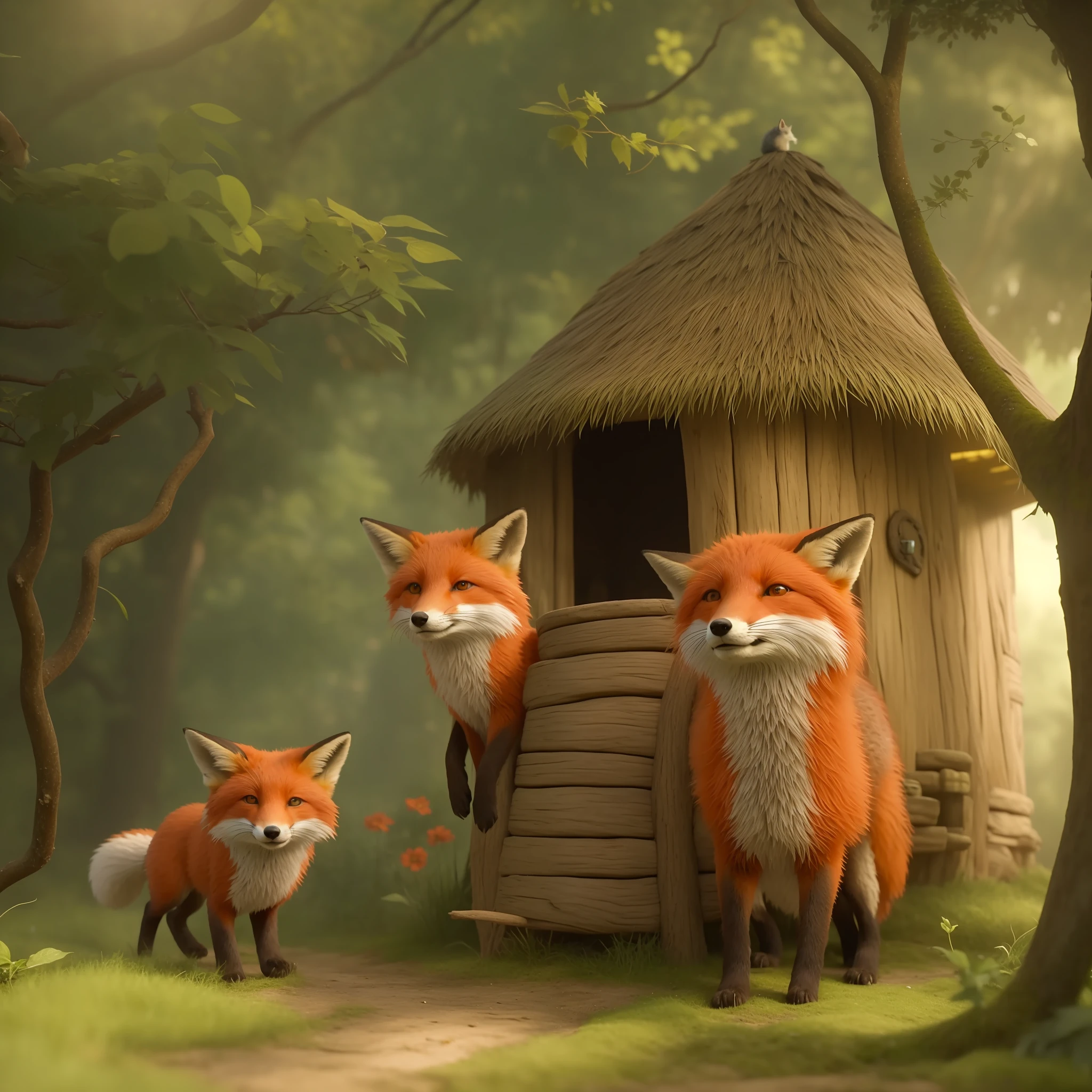 There are two foxes outside a small hut in the woods, painting digital adorable, arte digital detalhada bonito, Fox Warriors fan art, bela arte digital, arte de fantasia peluda, 3 bichos da floresta, Directed by: Aleksander Gierymski, raposas, cute storybook illustration, Directed by: Cynthia Sheppard, Directed by: Tadeusz Pruszkówski, Rob Rey