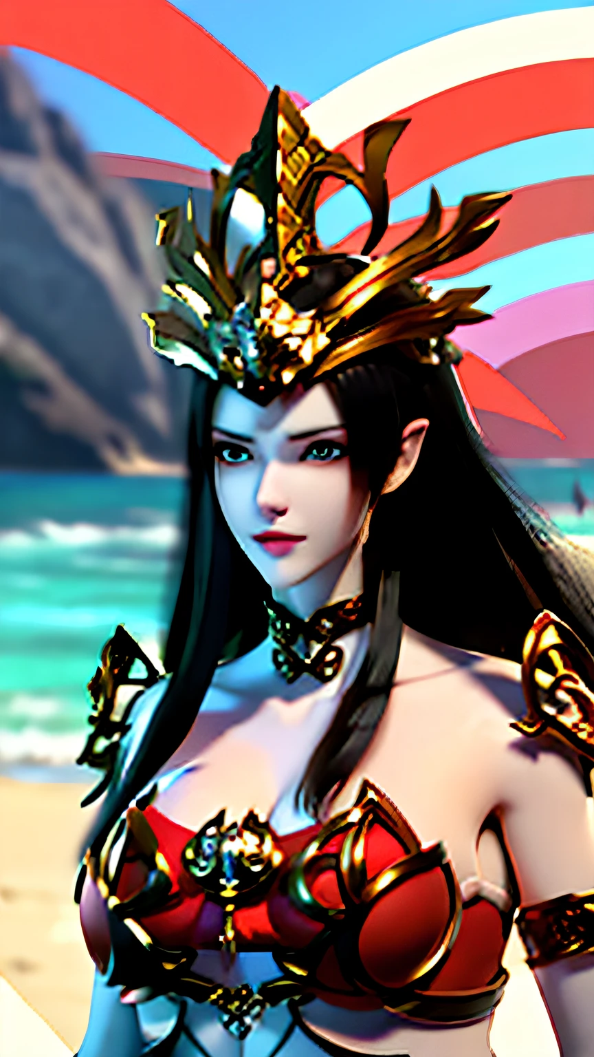 Need,tmasterpiece,brunette color hair,Golden eyes,Redcoat,Look up,full bodyesbian,Hairline,Fair skin,SideBraid,Red theme,Bikini swimwear,The steamed bun peak protrudes,Whole body bikini,Deep cleavage