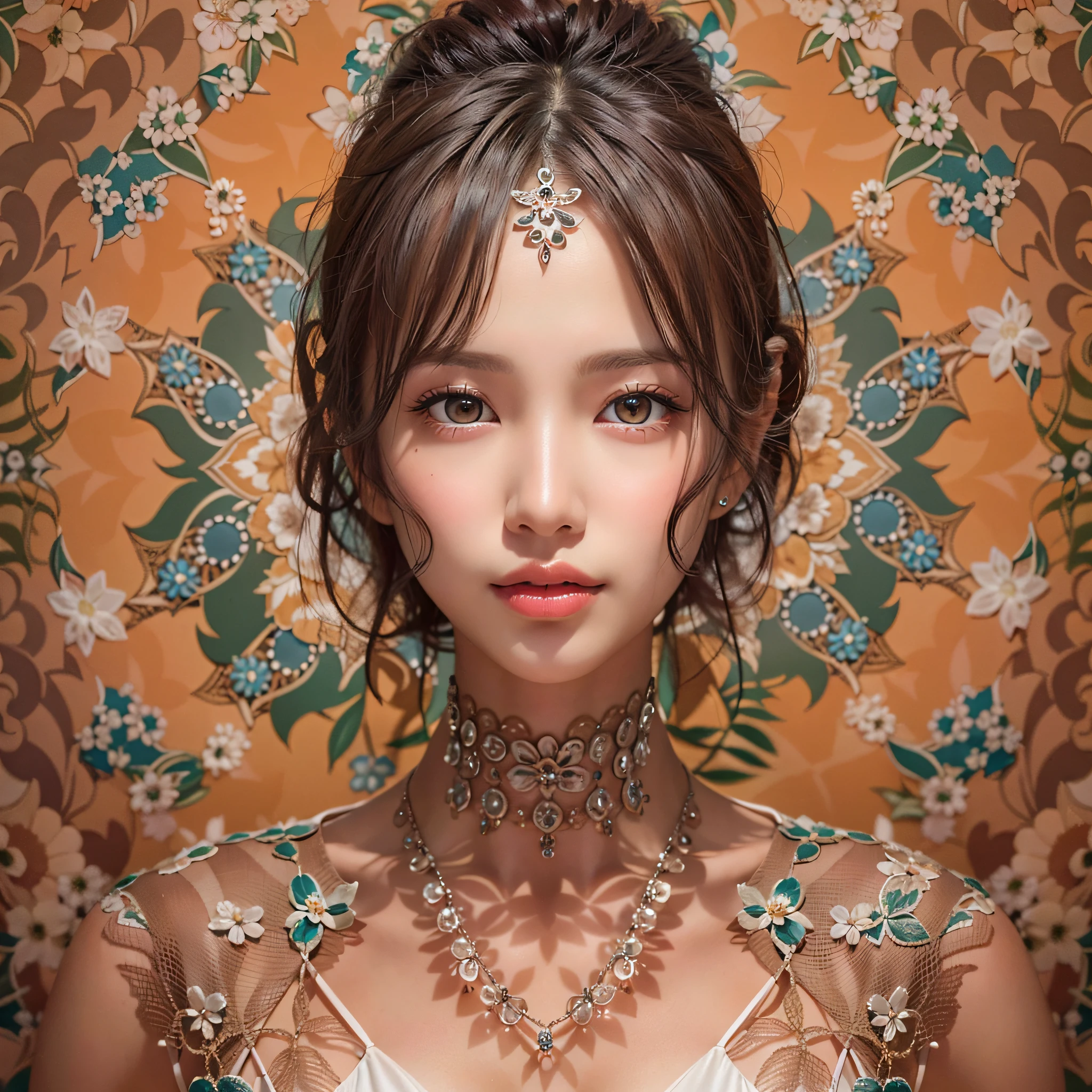 (Background, symmetrical, Compositions with coloful geometric arabesque patterns):1.3, (Bun hair, dark brown hair), (top-quality, Photorealsitic:1.4, masterpiece:1.3, RAW Photography:1.2, cinematric light, very detailed illustration), (1woman:1.3, solo), (asian girl, ultra delicate face, ultra Beautiful fece, ultra delicate eyes, ultra detailed nouse, ultra detailed mouth, ultra detailed facial features), petite woman, (bikini:1.3),  (midium breast:1.3), from the front side, skiny, lipgloss, a smile