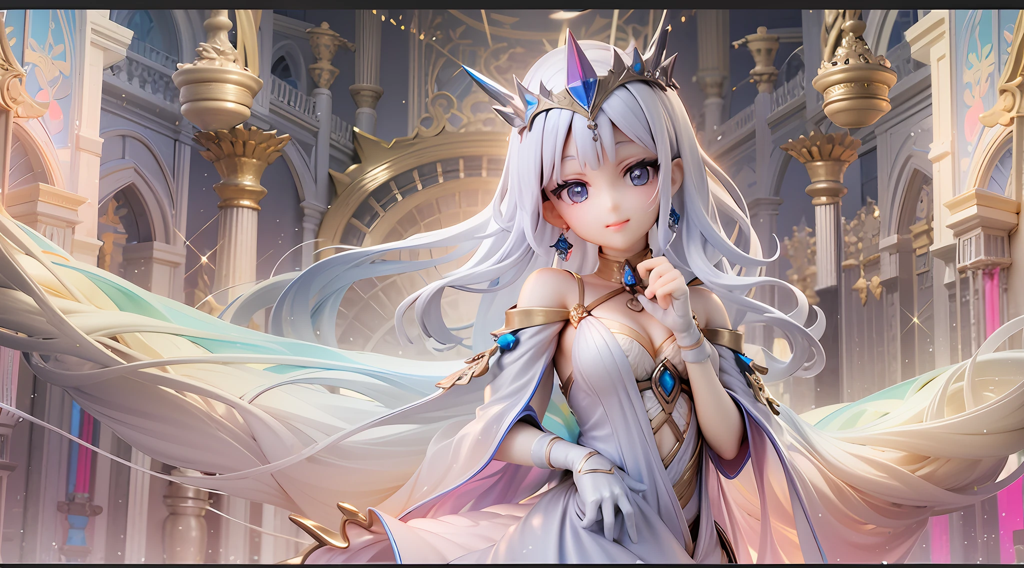1girl, beautiful eye, smile, prismatic queen, noble and confident expression, thin eyebrows, long white dress adorned with prismatic gemstones, collar spreading like feathers, train embroidered with rainbow colors, white hair, magnificent updo, long, gem-like sparkling blue eyes, regal stance with a hand holding the crown forward, background of a prismatic palace with rainbow light streaming from the ceiling, throne with intricate patterns, shimmering crystals embedded into the palace walls, soft shadows adding depth to her gown, strands of hair glowing subtly with the reflected colors of the surrounding prisms, eyelashes casting delicate shadows on her cheeks, gem-encrusted crown shimmering with a radiant spectrum of colors, curve of her lips hinting at a serene smile, elegant white gloves with delicate lace details, draped fabric of her gown flowing in soft folds, prismatic light reflected in the folds of her gown, delicate, iridescent jewelry adorning her neck and ears, prismatic glow surrounding her form, an aura of radiance and regality, light from the prismatic palace playing off her figure, creating a halo of shimmering colors, atmosphere of serenity and majesty,